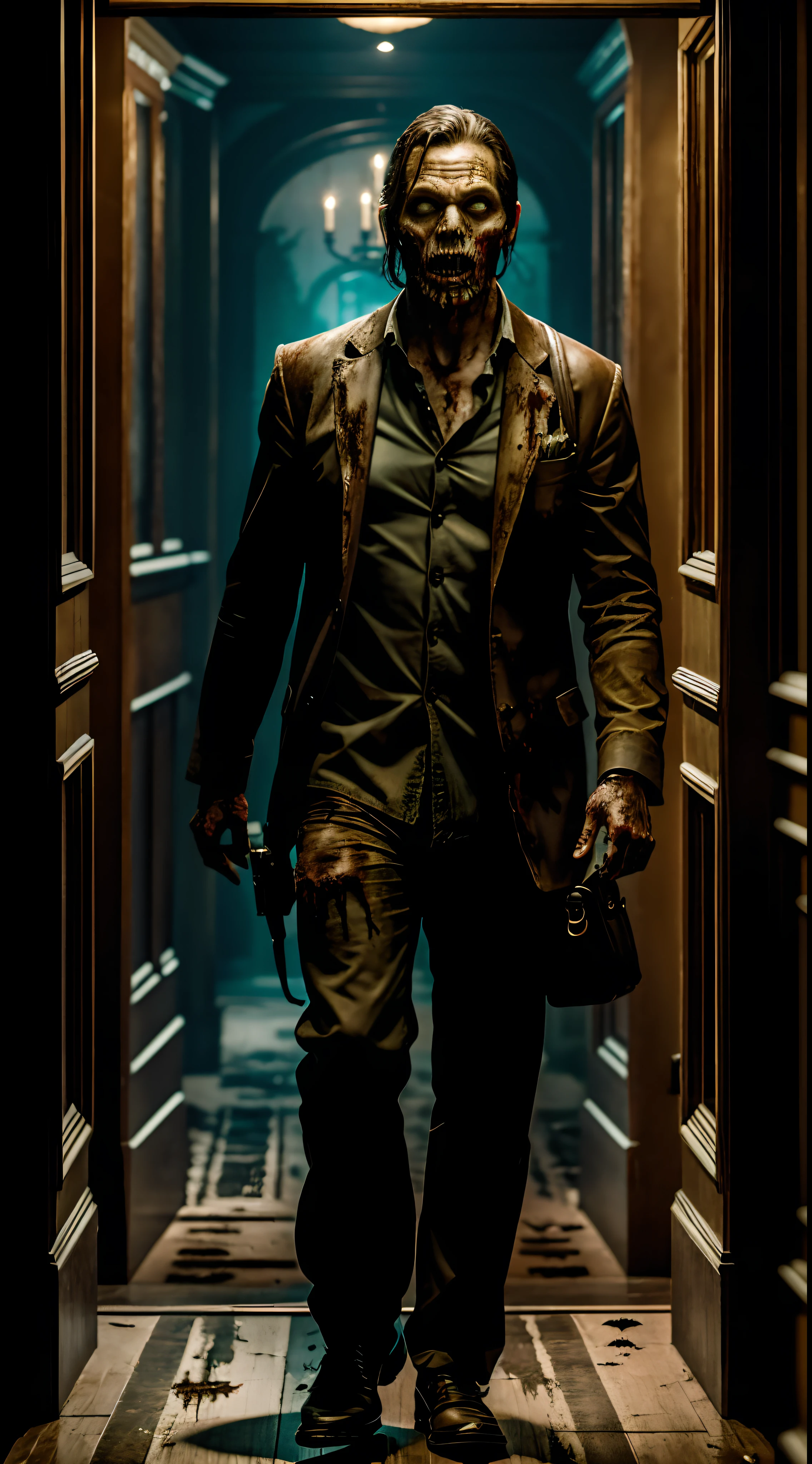 A photograph photorealistic realism, a male zombie in tubes masks monster terrifying in a haunted horror mansion