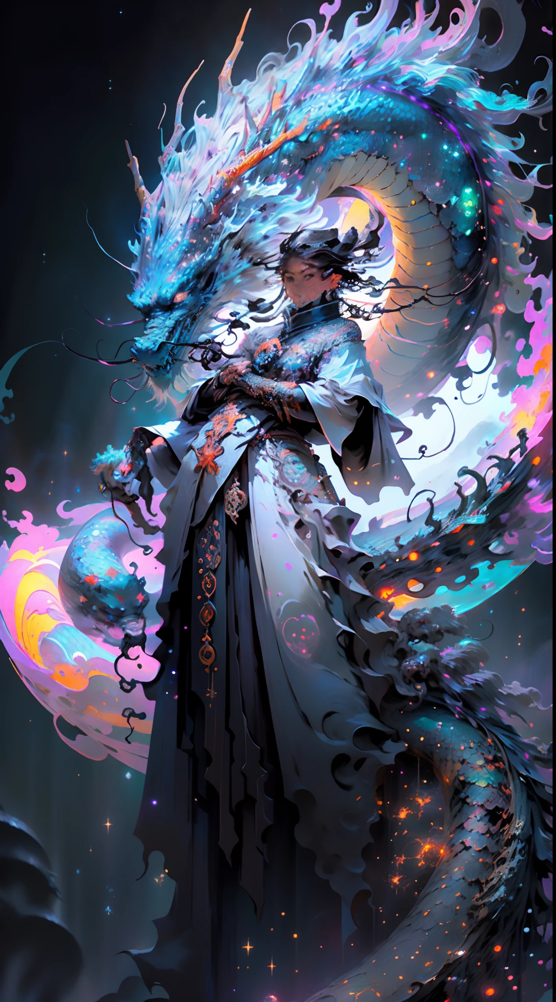 World Tree,Star ring,the boundless universe,Endless galaxies,Dangerous black holes,Exploding supernova,Floating stellar nebula,Negative dark mode, A dragon wrapped around a tree, Dragon Guard