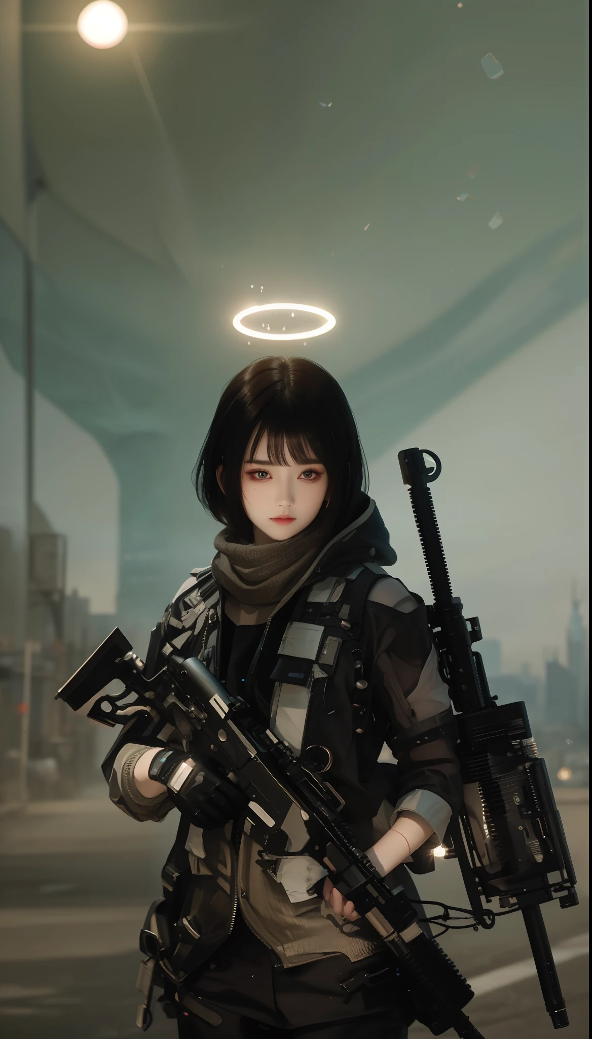 8K uhd, materpiece, a beautiful girl, detaild eye, good face, detaild eyebrow, cyberpunk outfit, white outfit, cyberpunk, Cyberspace, cyberpunk shining background, neon effect, Spreading lighting, red lighting, whole body capture, full image,gun,short hair,vest,full body