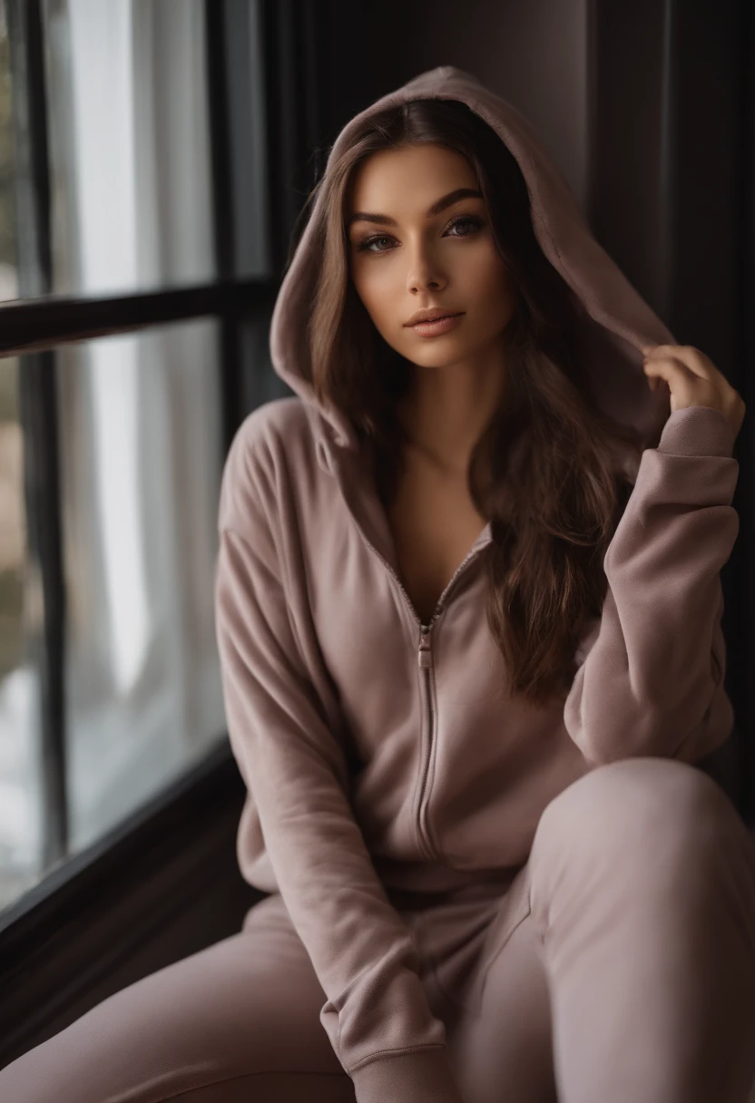 arafed woman with matching hoodie and pants, sexy girl with brown eyes, portrait sophie mudd, brown hair and large eyes, selfie of a young woman, bedroom eyes, violet myers, without makeup, natural makeup, looking directly at the camera, face with artgram, subtle makeup, stunning full body shot, in museum, cleavage