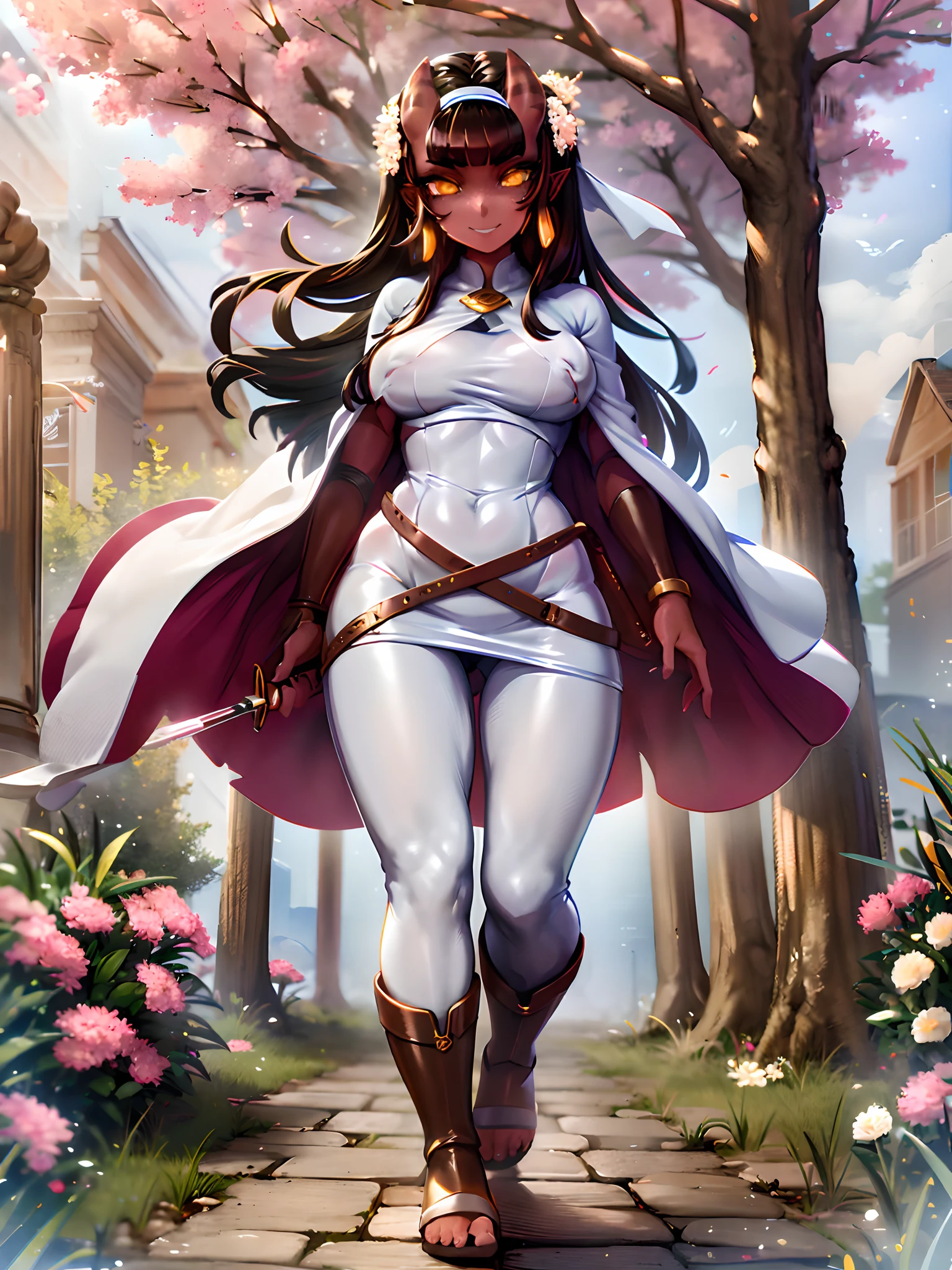 a beautiful and detailed image of meru , merunyaa,(red skin:1.3), horns,clothed,(freckles), flowing white dress,backlighting, field of flowers, holding flower, flower hair accessory, yellow eyes,smile, clouds,in front, alone, pants, medium breast,, knife holding, cloak, cape, walking, pants, solo, flip flops boots, full body, big breast, pullover, forest, tree