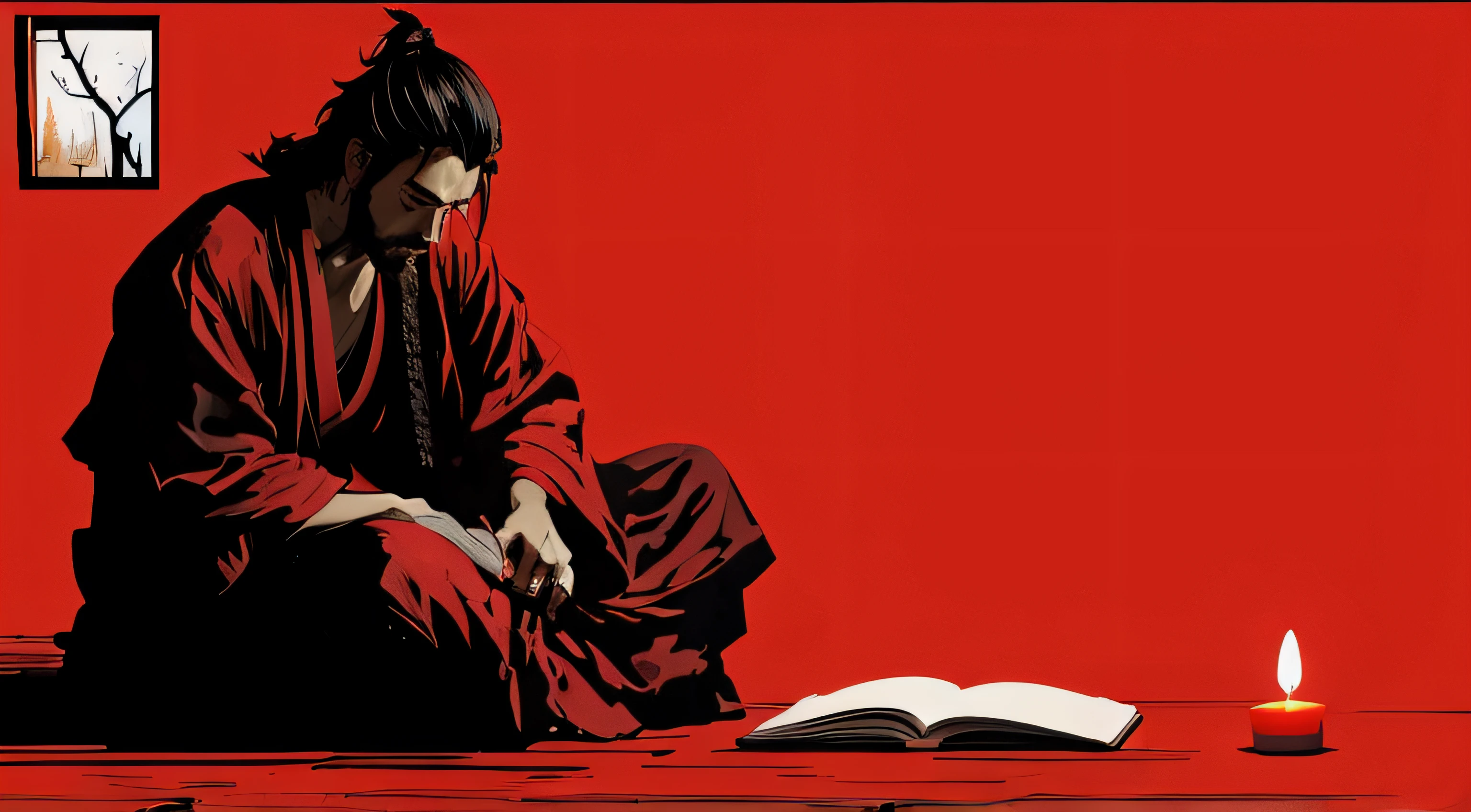 drawing of Miyamoto Musashi sitting, open book and candle on the floor, red background