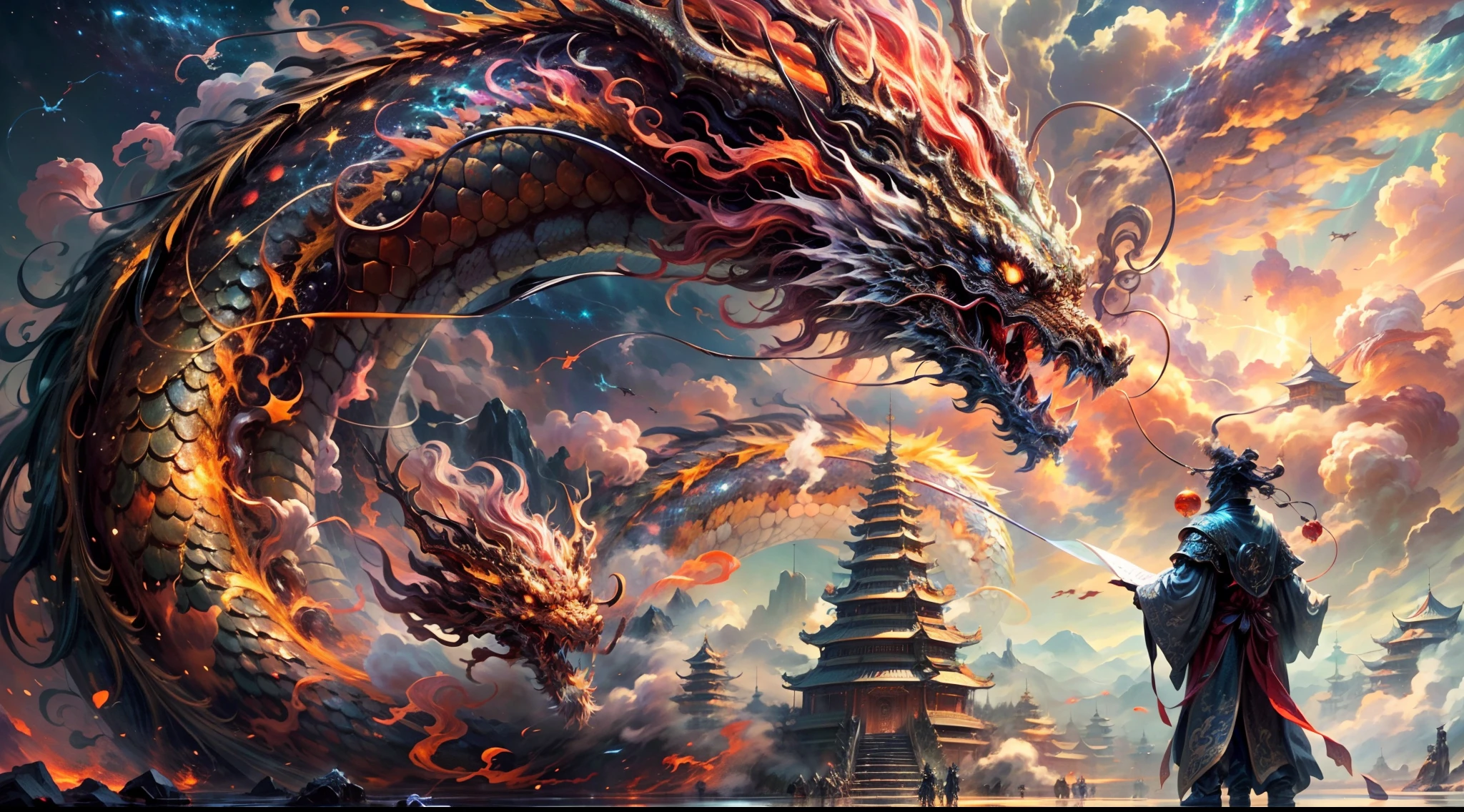 The Red Fire Dragon soared into the air，Huge cows chasing on the ground，Behind the perspective，high qulity，super-fine，Detailed depiction，movie light effect，4K分辨率