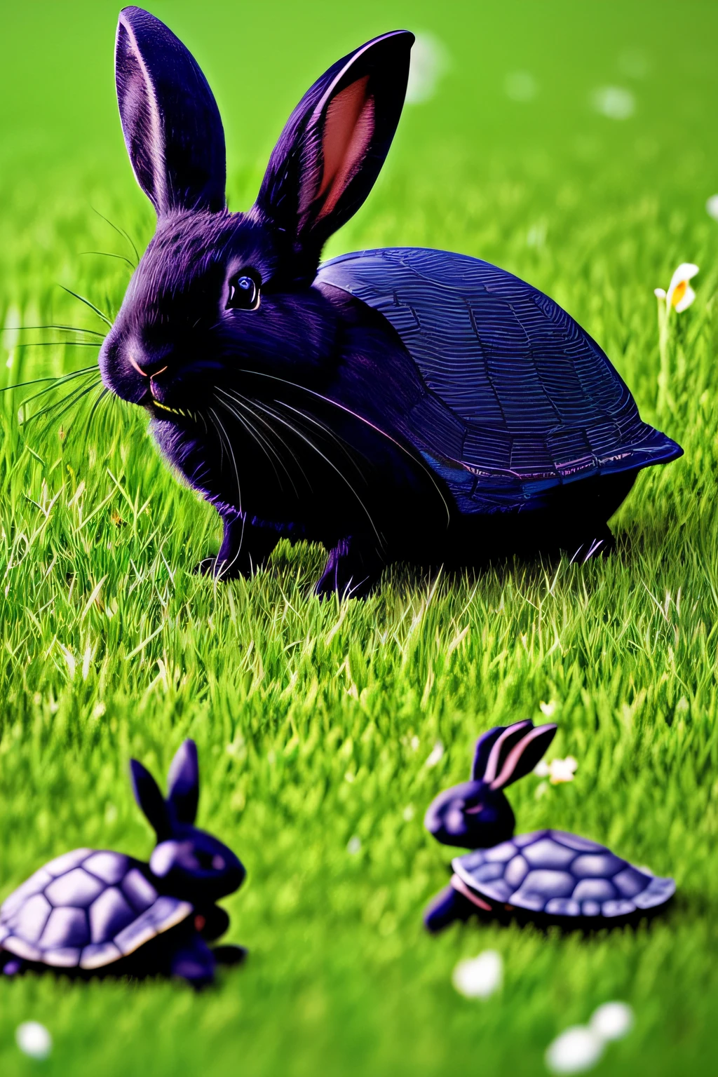 (black rabbit,jumping,green grass,turtle walking calmly next to the rabbit),(best quality,ultra-detailed),(realistic:1.37),illustration,vivid colors,warm tone,soft lighting