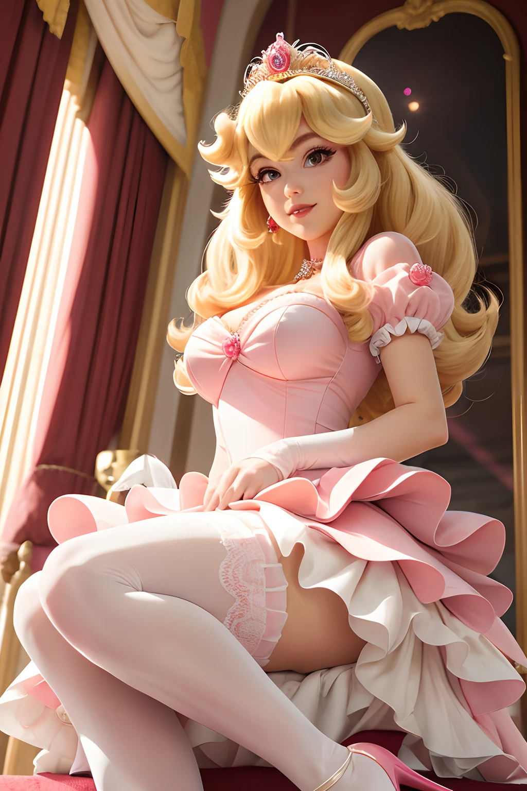 1girl in, PrincessPeach, Solo, Long hair, Pink dress, Looking at Viewer, mario castle background, Yellow hair, Simple background, Blue eyes, Lips, Closed mouth, bow ribbon, Hair Ribbon, large full breasts、、Standing posture、full body Esbian、low angles、（up skirt）、((completely transparent pants))、（See-through panties）、（Highly detailed lace panties）、（Camel toe through panties）（I can see panties）、Through the pantiesｵﾏﾝｺ、  nipples visible through the dress、Areolas are sticking out of the dress、（((Protruding areola,))）、Cameltoe、（ｵﾏﾝｺPanties that bite into）、（Panties are biting）、Distinct camel toe、Through the pantiesｵﾏﾝｺ、I can see the line