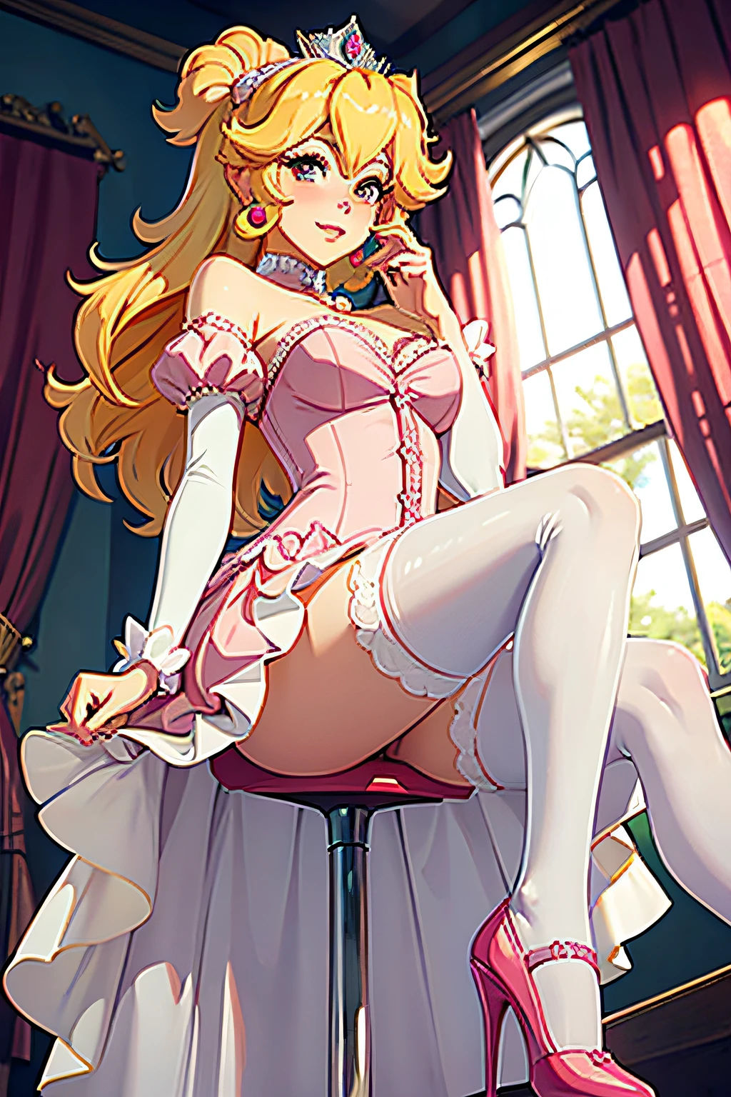 Princess Peach looking down at the viewer.  she is wearing white stockings, pink high heels, and her classic pink ballroom dress