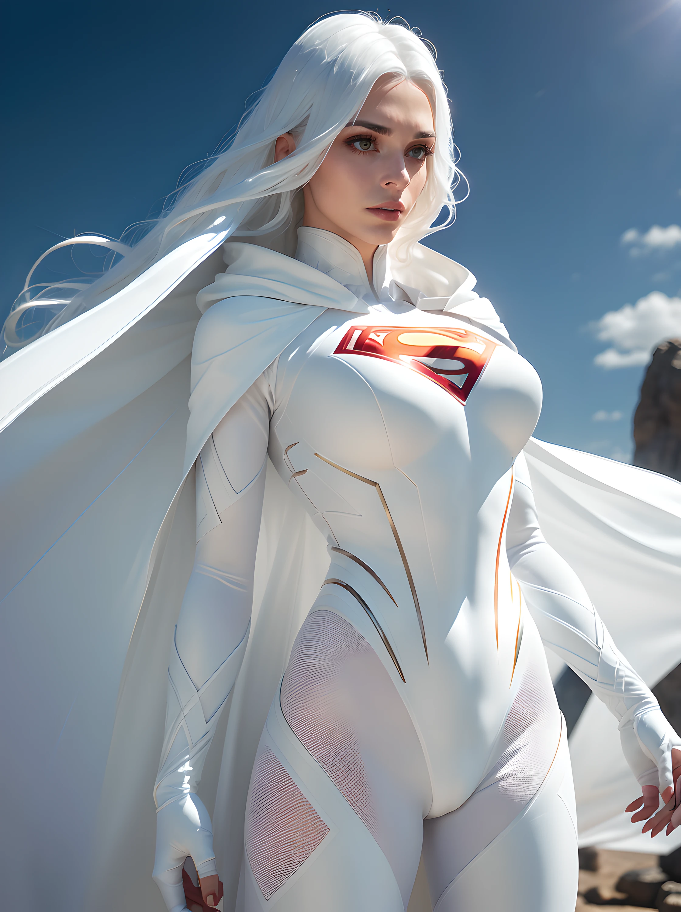 A 25-year-old girl with white hair in an elaborate long-sleeved Superman costume in white, covering the whole body, Matte pastel colours, (dramatic lighting:1.3), white capelet , White Superman Costume, Suit with white carbon fiber details, (intricate details:0.9), (HDR, hyper-detailing:1.2), (natural skin textures, hyper realisitc, soft light, Sharp