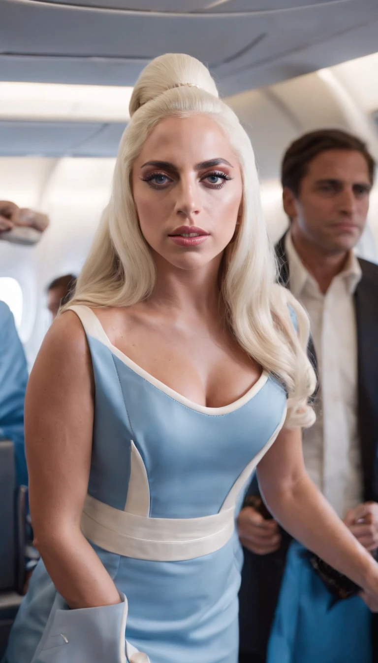 (Lady Gaga:1.5), (Standing:1.2 on your feet), (Long white legs), (Straight hair, Brown ), (blue eyes), (suntanned skin), (in a stewardess costume), (On the plane),