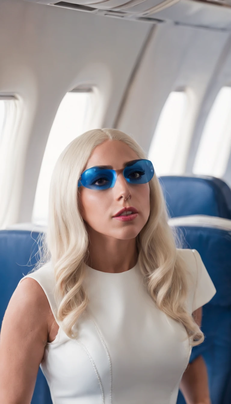 (Lady Gaga:1.5), (Standing:1.2 on your feet), (Long white legs), (Straight hair, Brown ), (blue eyes), (suntanned skin), (in a stewardess costume), (On the plane),