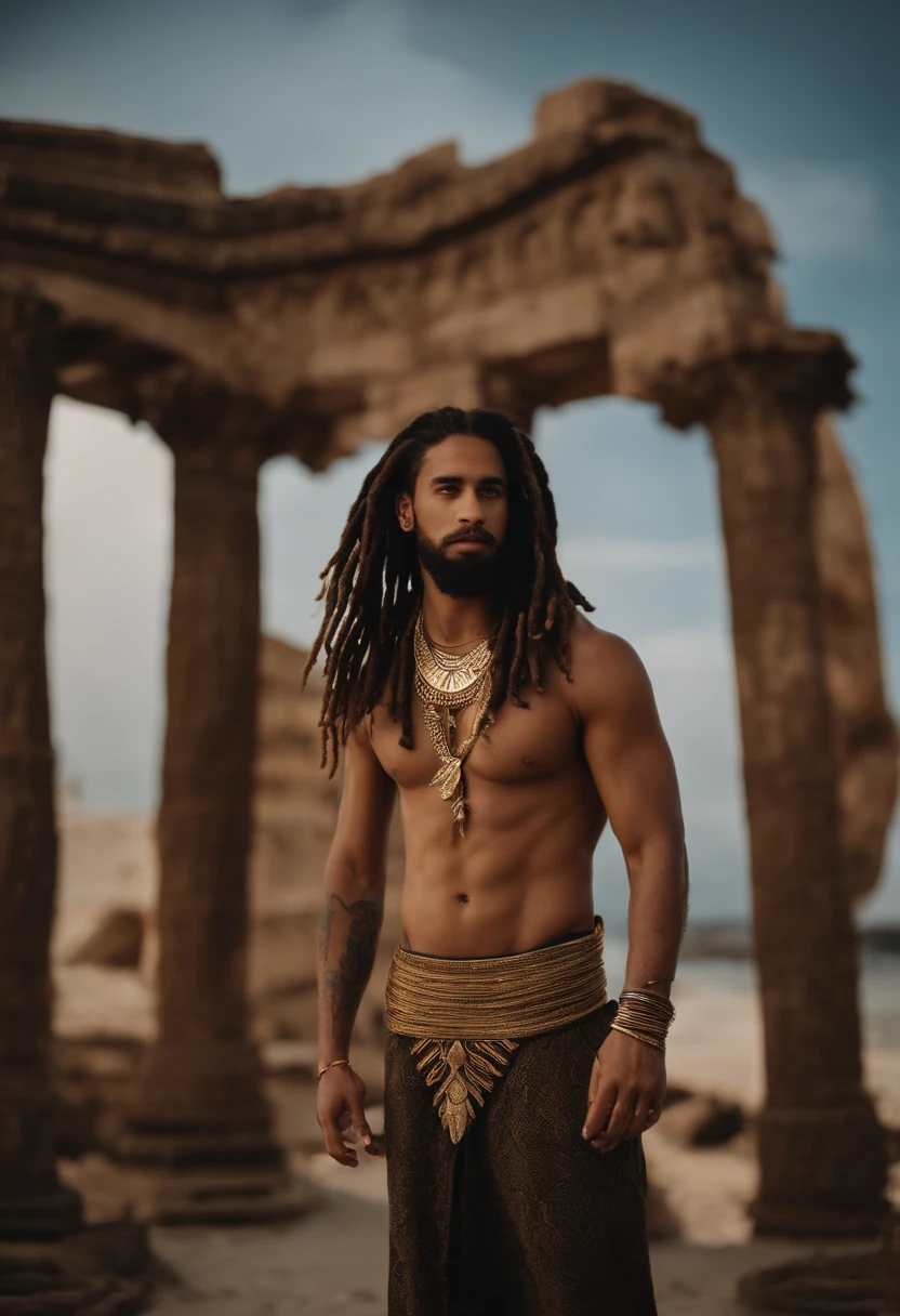 Por favor, crie uma imagem de um homem de 20 anos com dreadlocks longos, sem barba, olhos azuis, segurando o tridente de Poseidon. He has wave image tattoos on his right arm and wears a golden necklace in the shape of Poseidon's Trident, no estilo animado