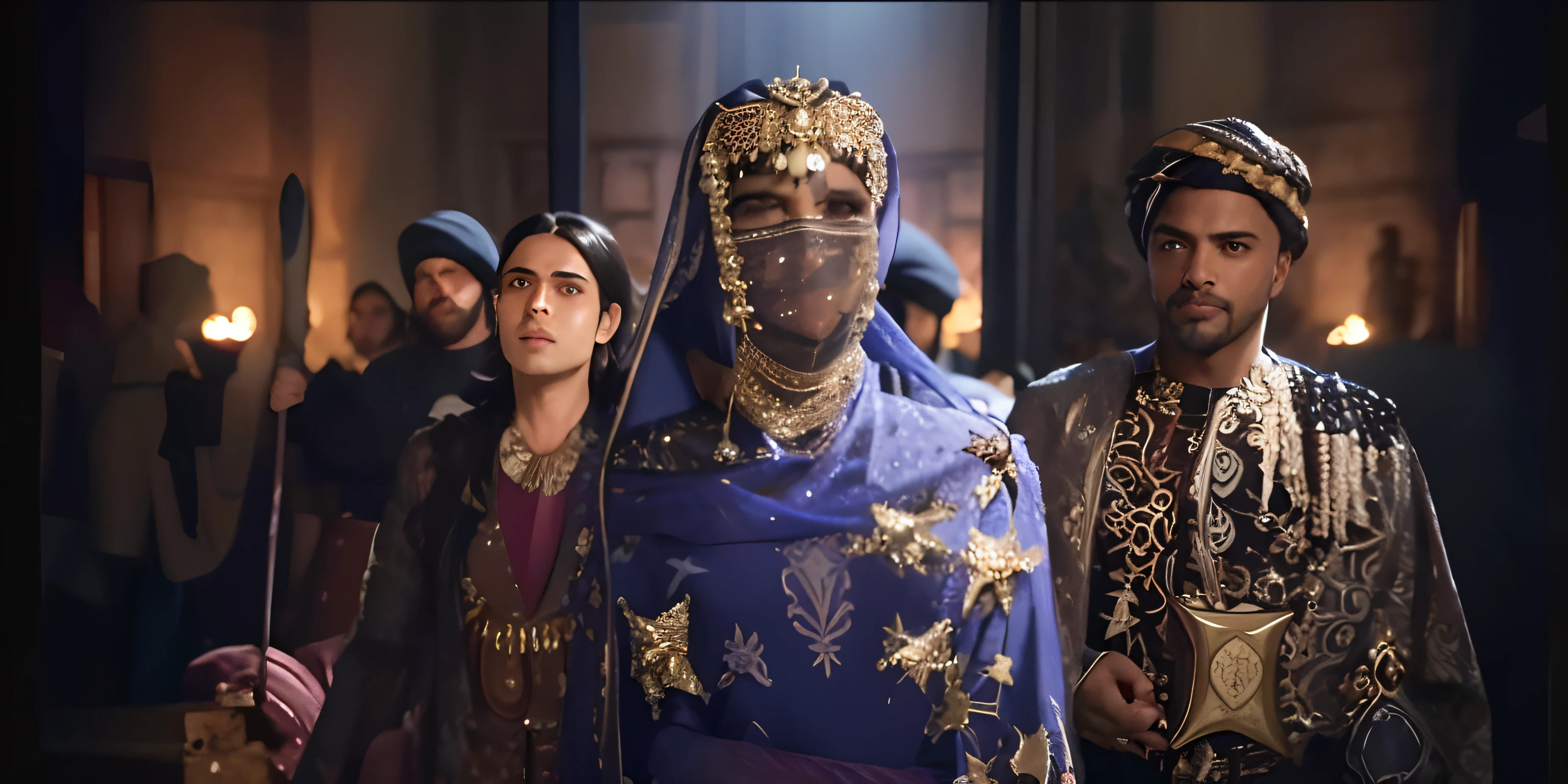 um close up de uma pessoa fantasiada e um homem fantasiado, Maya Ali como D&d feiticeiro, Maya Ali como um D&d feiticeiro, purple robe and veil, cena de Duna 2 0 2 1 filme, cena do filme, cena do filme live action, Maya Ali como uma feiticeira da tempestade
