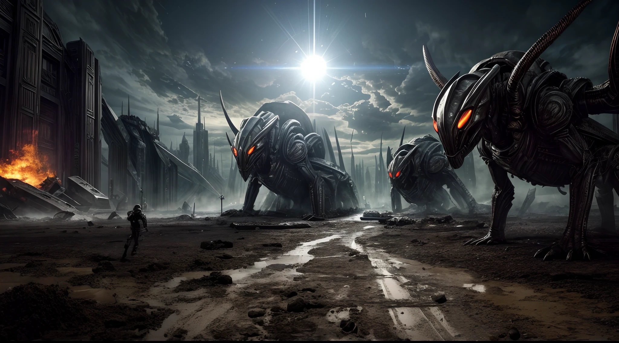 masterpiece, best quality, intricate detail, complex scenery, thrilling, dramatic action, 8k, hdr, "Creepy and intense alien invasion scene with sunny daylight and clear azure blue sky atmosphere, dramatic bright lighting, and intense action. Show powerful extraterrestrial creatures, advanced technology, destroyed cityscape, panicked civilians, and a sense of imminent danger. Generate an unsettling and immersive image that captures the chaos, cruelty, devastation and terror of an otherworldly huge alien insectoid monster invasion, they look and act like devils and demons from outer space", groups of anxious people in panic trying to escape from extinction, ultra complex highly dramatic scenery with intricare details, ultra fine render textures.