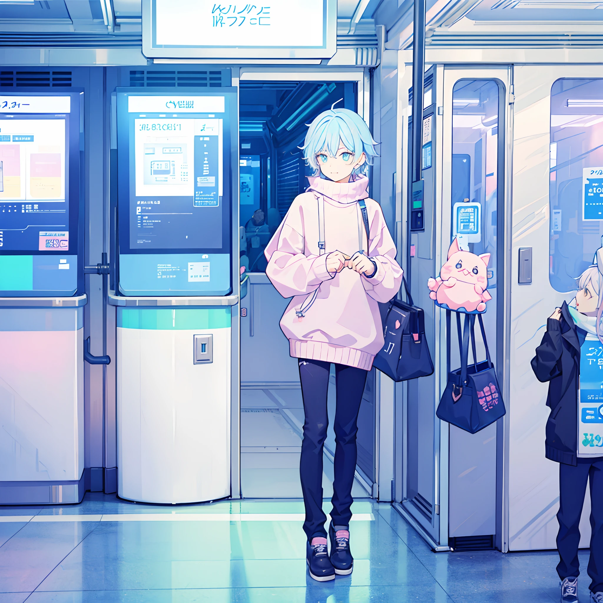 cute pastel goth boy in a subway station, oversized sweater, cute pastel colors, kawaii, 1boy, solo male