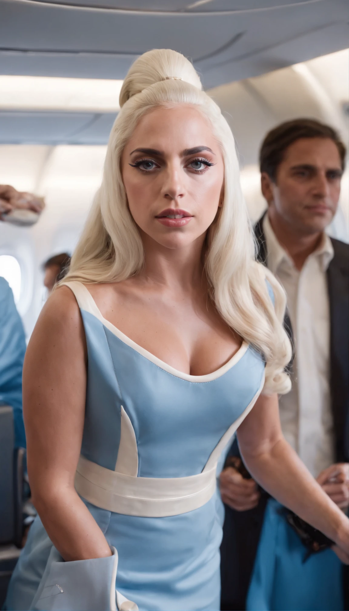 (Lady Gaga:1.5), (Standing:1.2 on your feet), (Long white legs), (Straight hair, Brown ), (blue eyes), (suntanned skin), (in a stewardess costume), (On the plane),