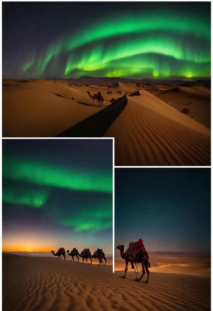 camel caravan walking hand in hand in the desert mountains at night with a view of the aurora in the sky, drone photography view, beautiful aurora landscape, aurora atmosphere, fog, very wide view, realistic photography, dramatic, dynamic composition, sahara desert, perfect object, perfect anatomy, highly detailed, 128k resolution, HDR, ultra hd, masterpiece photography, 500px style, vibrant