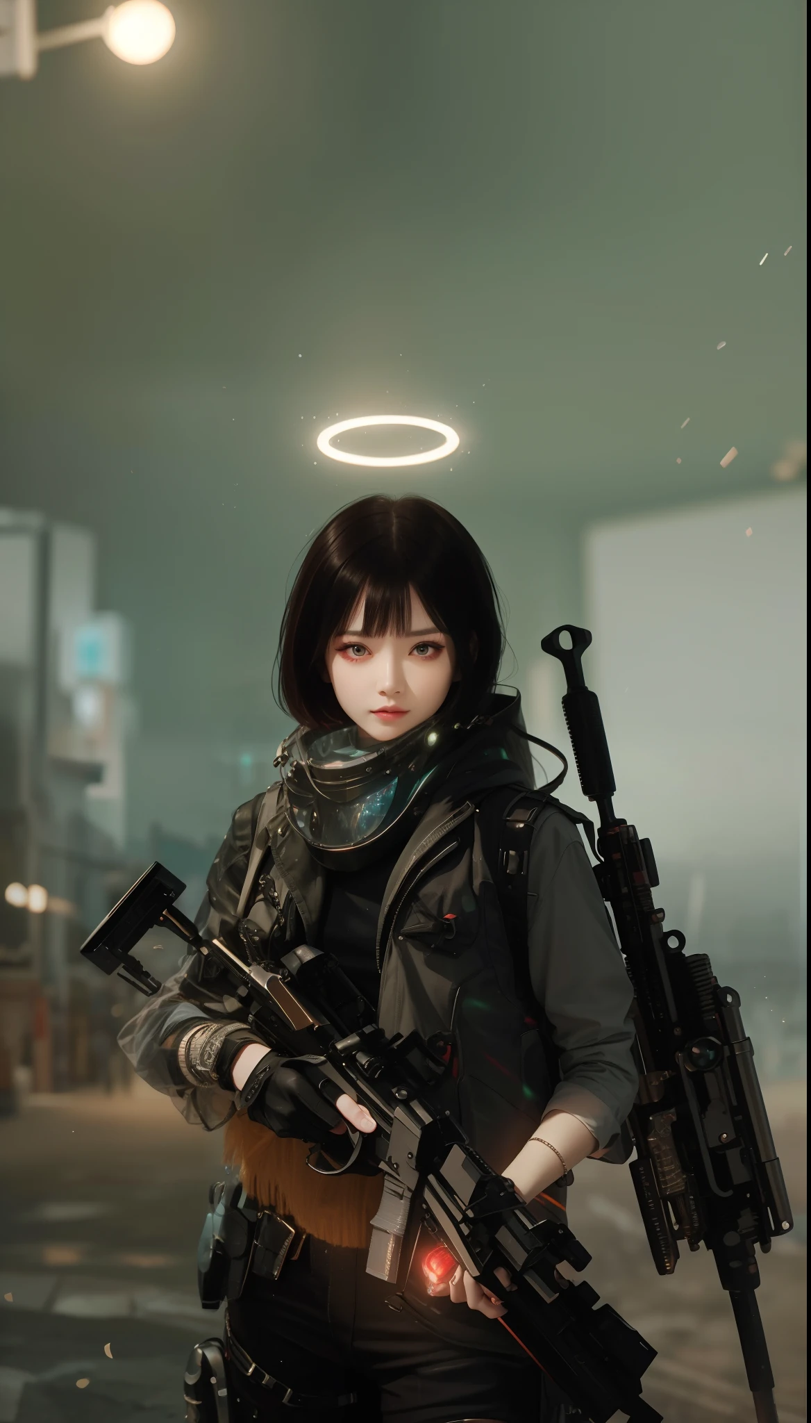8K uhd, materpiece, a beautiful girl, detaild eye, good face, detaild eyebrow, cyberpunk outfit, white outfit, cyberpunk, Cyberspace, cyberpunk shining background, neon effect, Spreading lighting, red lighting, whole body capture, full image,gun,short hair,vest,full body,red eye