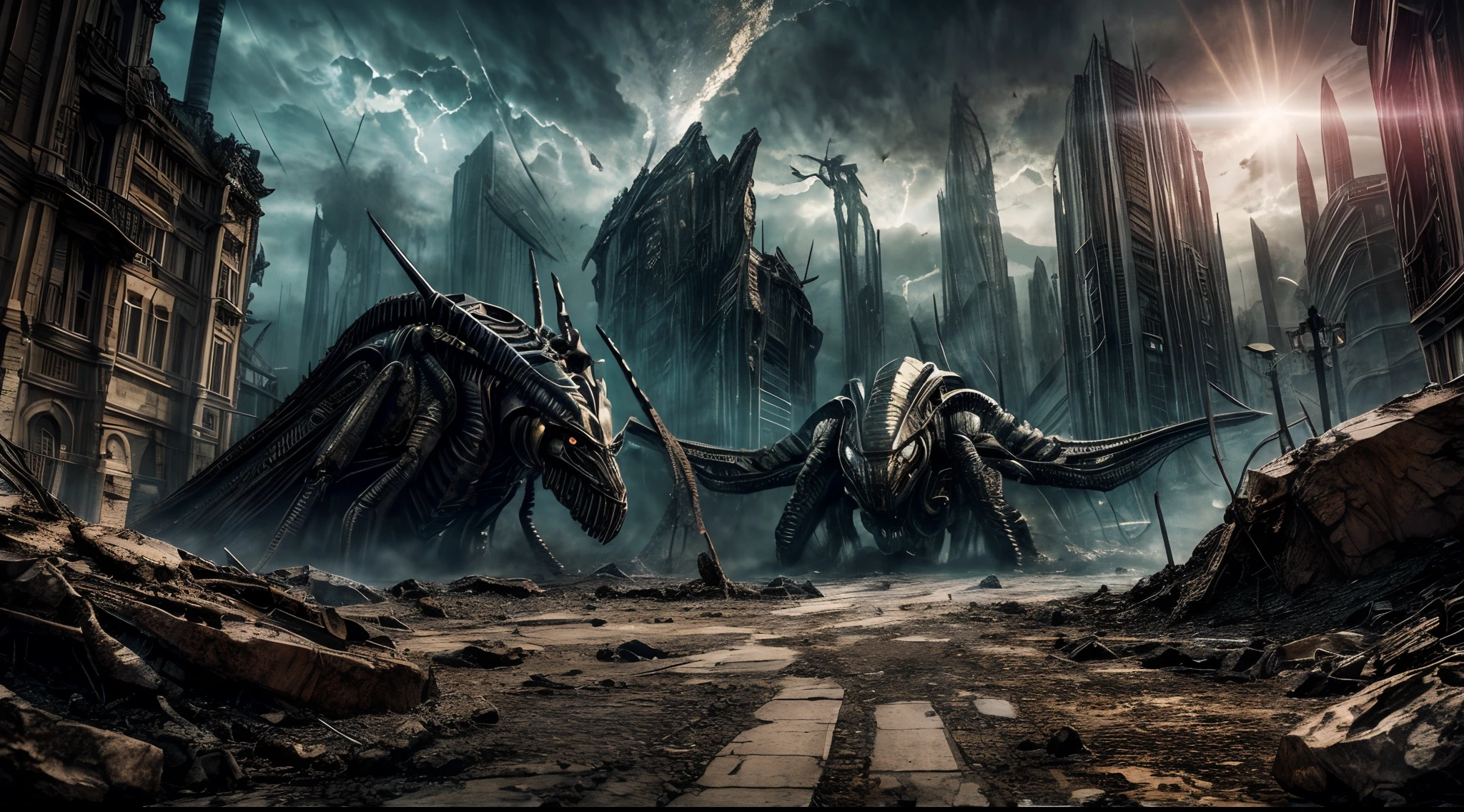 masterpiece, best quality, intricate detail, complex scenery, thrilling, dramatic action, 8k, hdr, "Creepy and intense alien invasion scene with sunny daylight and clear azure blue sky atmosphere, dramatic bright lighting, and intense action. Show powerful extraterrestrial creatures, advanced technology, destroyed cityscape, panicked civilians, and a sense of imminent danger. Generate an unsettling and immersive image that captures the chaos, cruelty, devastation and terror of an otherworldly huge alien insectoid monster invasion, they look and act like devils and demons from outer space", groups of anxious people in panic trying to escape from extinction, ultra complex highly dramatic scenery with intricare details, ultra fine render textures.