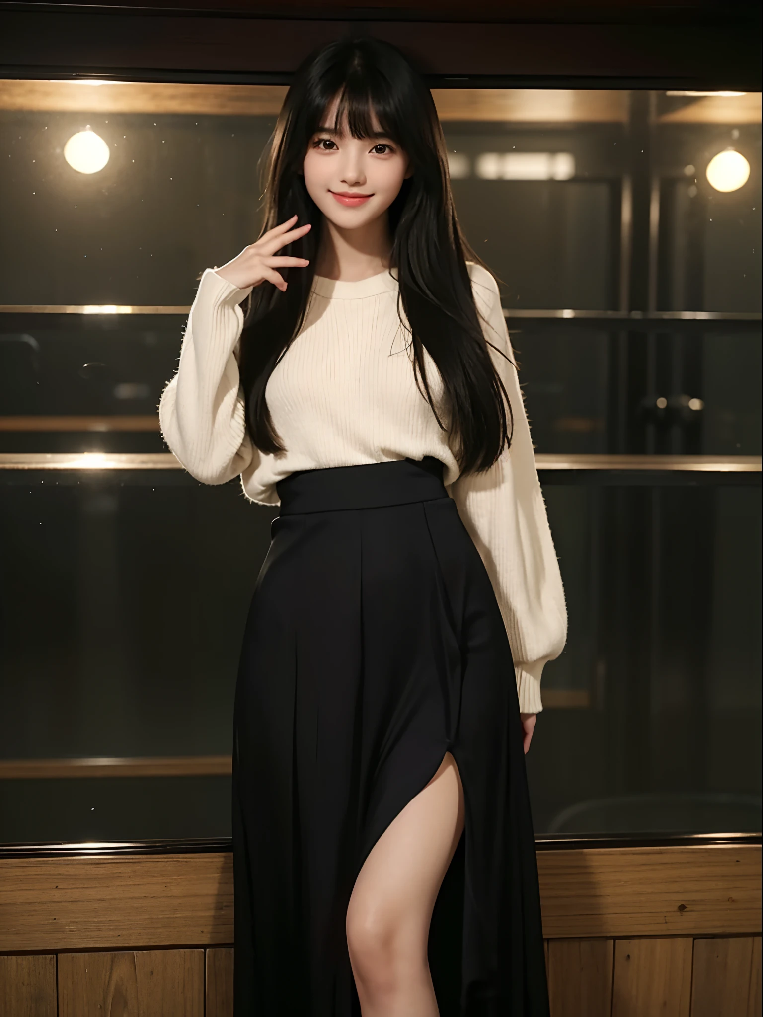 girl with1a person、16Year old girl、cute face、Coquettish smile、a small nose、Lustrous lips、tthin eyebrows、Pretty eyes、Very long black hair、Silky long straight hair、Beautiful bangs、Delicate figure、Sweaters、long-sleeve、long skirt、pleatedskirt、espadrilles、aquariums