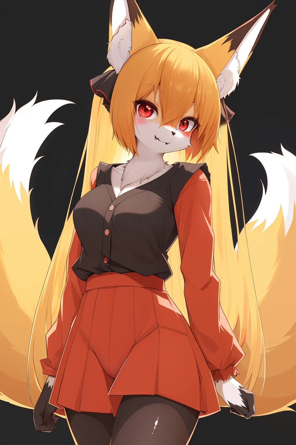 1girl, (furry female:1.1), kitsune, red eyes, fox ears, fox tail:1.25, body fur:1.75, masterpiece, nature clothes, medium breasts, fully clothed