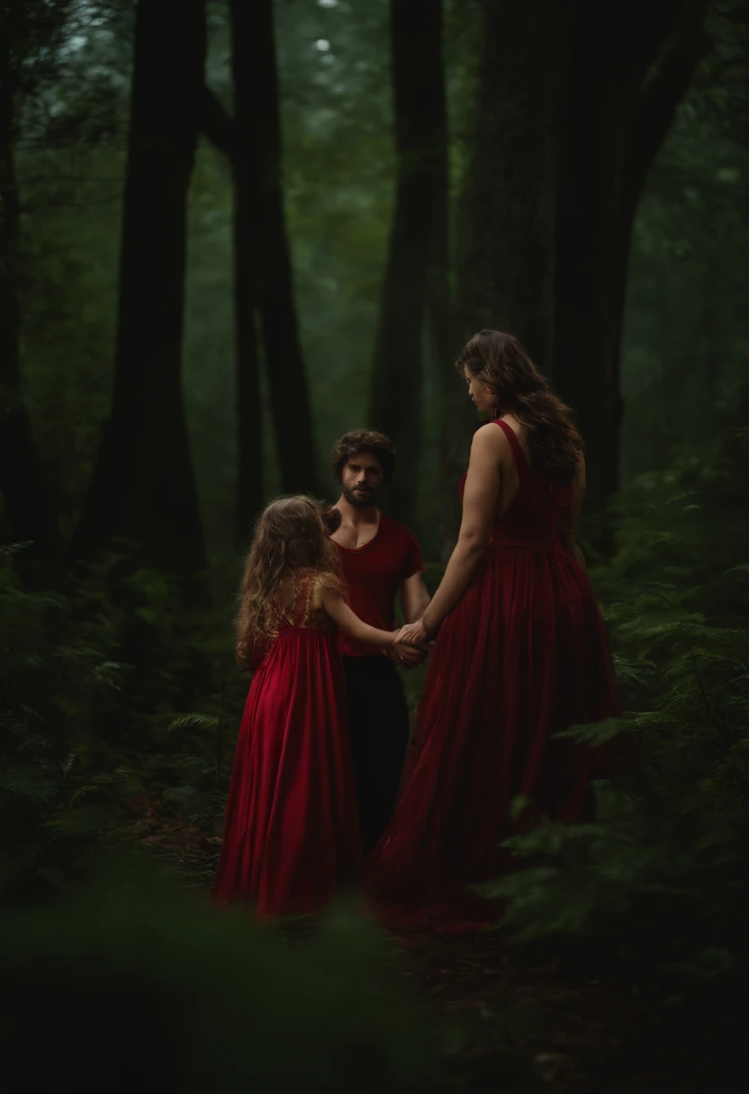 Imagem estilo renascentista, mulher e sua filha sentadas ao redor de uma fogueira em um bosque, Husband standing next to them protecting them from the dark, cena noturna,