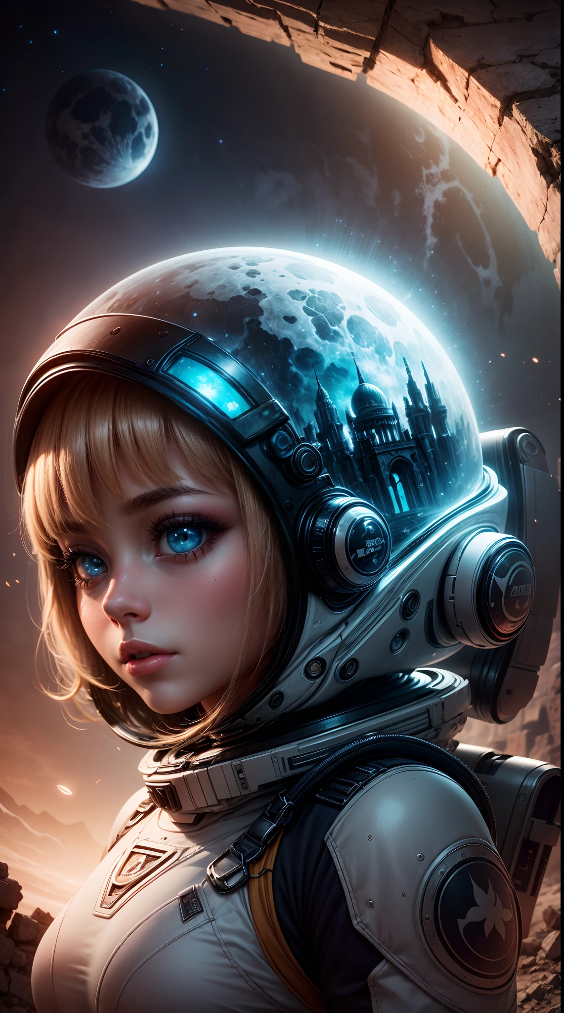 An otherworldly landscape bathed in the soft, ethereal light of multiple moons, where a closeup beautyful girl in a futuristic spacesuit gazes up in wonder, surrounded by floating islands and ancient, mysterious ruins.