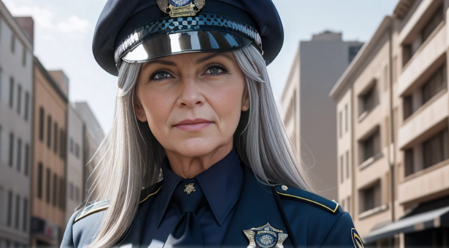 portrait of a 70-year-old woman with long gray hair, seductive gaze, green eyes, some wrinkles on her face,  8k, detailed background, utlra realistic, realism, exta realistic, wrinkles on body, police department background , police office background, police department corridor background, police officer suit, random sexy pose,  police officer clothes with high neckline, showing full body, full body, extra small titts, small breasts, looking at viewer from below, light smile, teeth indoors,soft lighting, extreme detail, hdr, short hair