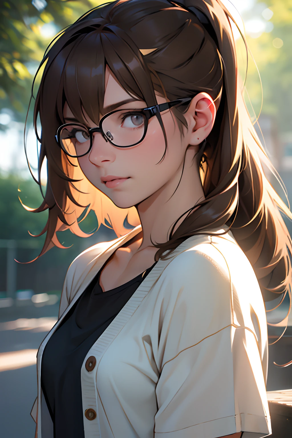 (best quality, high-res, ultra-detailed), upper body portrait, 25-year-old woman, mature face, neutral expression, glasses, t-shirt, cardigan, ponytailed long brown hair, angled shot, natural lighting, soft colors, subtle bokeh, (small breasts)