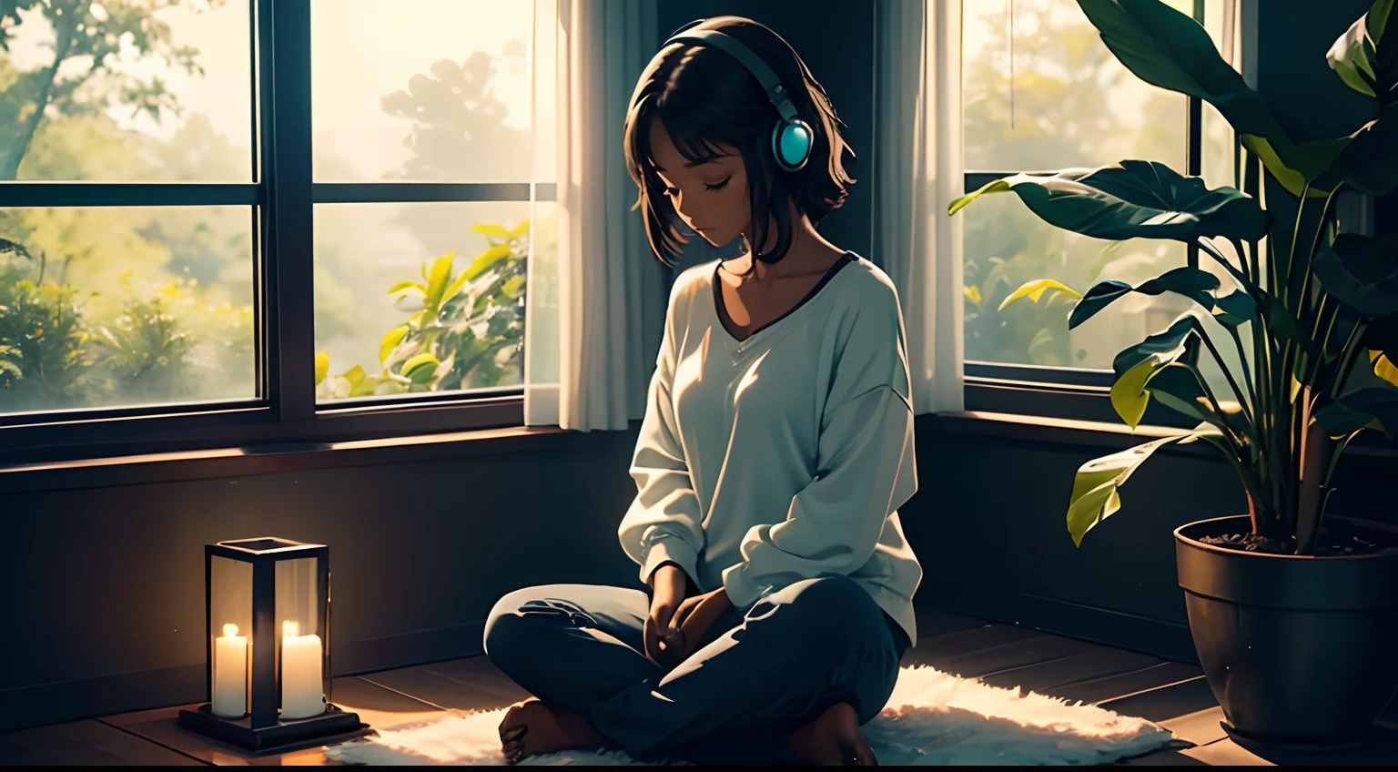 25 year old, dark skin Girl wearing headphones, relaxing clothes, Open Window, Bedroom, tranquil ambiance, Soft sunlight, Cozy atmosphere, Relaxing music, Serene expression, Closed eyes, comfortable seating, stone floor, modest simple room, floral curtains, Green plants, Natural breeze, Calm atmosphere, the soft light, serene environment, stillness, Harmony, inner peace, deep relaxation, Soothing colors, positive energy, Mindfulness, Solitude, introspective, The inner journey, peaceful, Escape the outside world