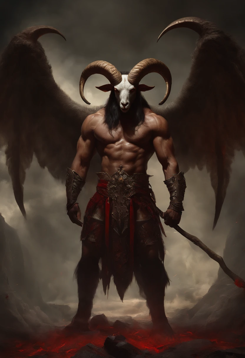 Goat-headed devil with big horns, strong and strong upper body, Devil's Skin, skins, ((toenails, Wings)), demon armor, Blood splatters, Skull on the ground, Stand in a blood ritual, Medieval, Dark room, Dim light, masutepiece, Realistic, Oil Painting