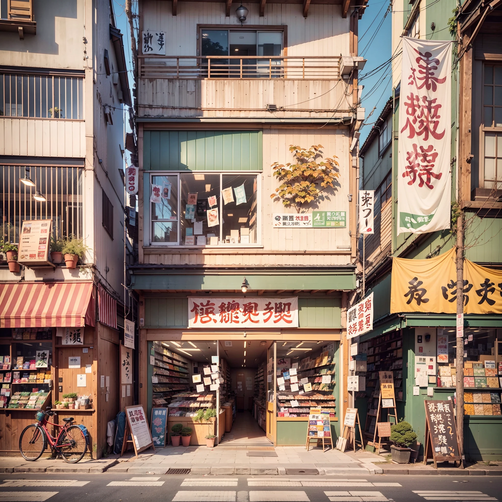 anime background, anime wallpaper, anime, anime style, lofi, lofi style, modern japanese street, modern japanese architecture, japanese convenience store, big retro japanese shop signs, retro japanese store, trees, plants, rocks, plant pots, shop signs, japanese banners, japanese signs, flags, sunrise, golden hour, golden lighting, empty street, no one in sight, (no one: 1), best quality, rural tokyo
