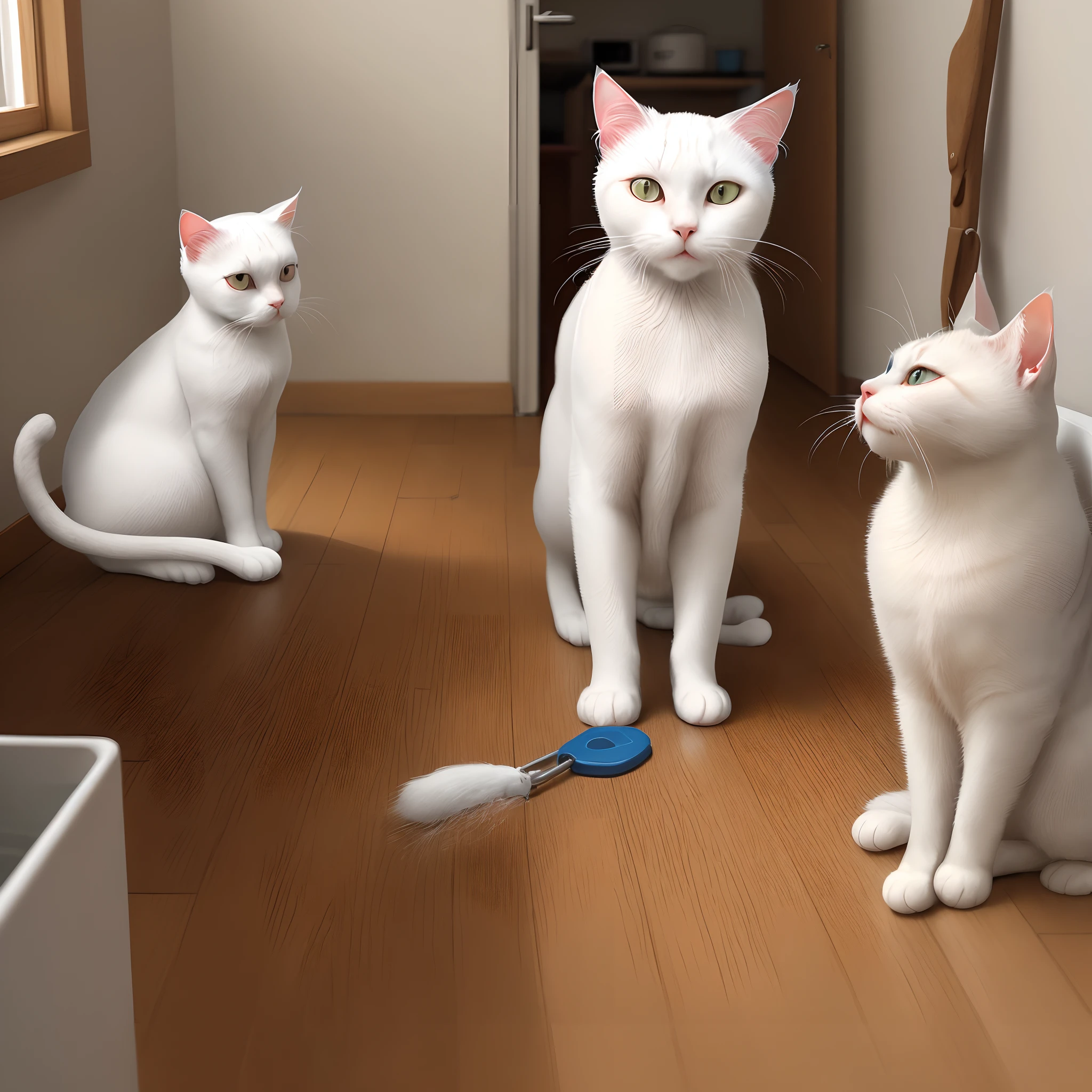 white cat doing house hold work