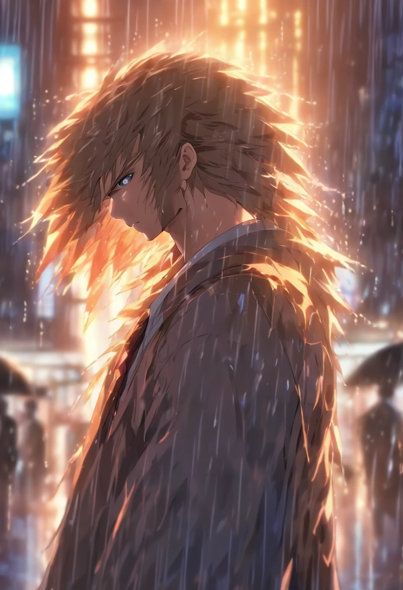 a man with light long hairs standing in the rain at the train station