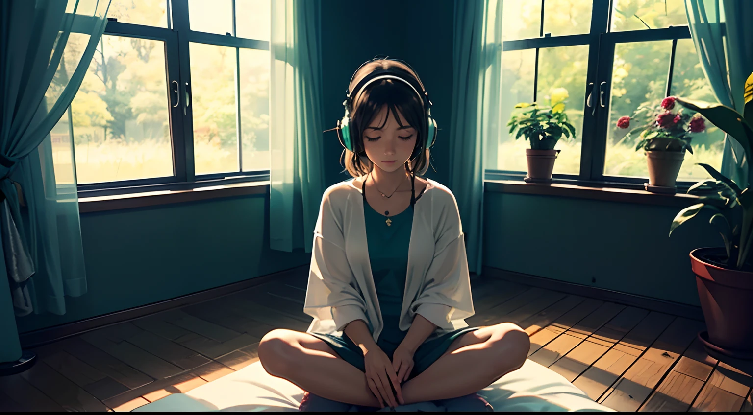 25 year old, Kenyan Girl wearing headphones, relaxing clothes, Open Window, Bedroom, tranquil ambiance, Soft sunlight, Cozy atmosphere, Relaxing music, Serene expression, Closed eyes, comfortable seating, stone floor, modest simple room, floral curtains, Green plants, Natural breeze, Calm atmosphere, the soft light, serene environment, stillness, Harmony, inner peace, deep relaxation, Soothing colors, positive energy, Mindfulness, Solitude, introspective, The inner journey, peaceful, Escape the outside world