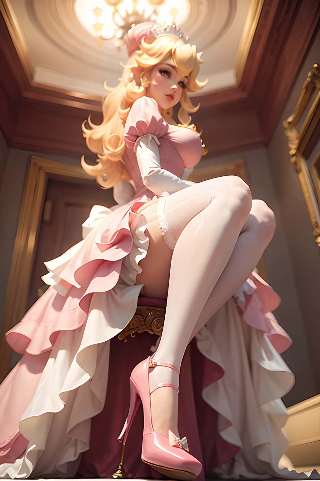 Princess Peach looking down at the viewer. she is wearing white stockings, pink high heels, and her classic pink ballroom dress, her bust is heavy and full, her breasts strain the fabric of her top