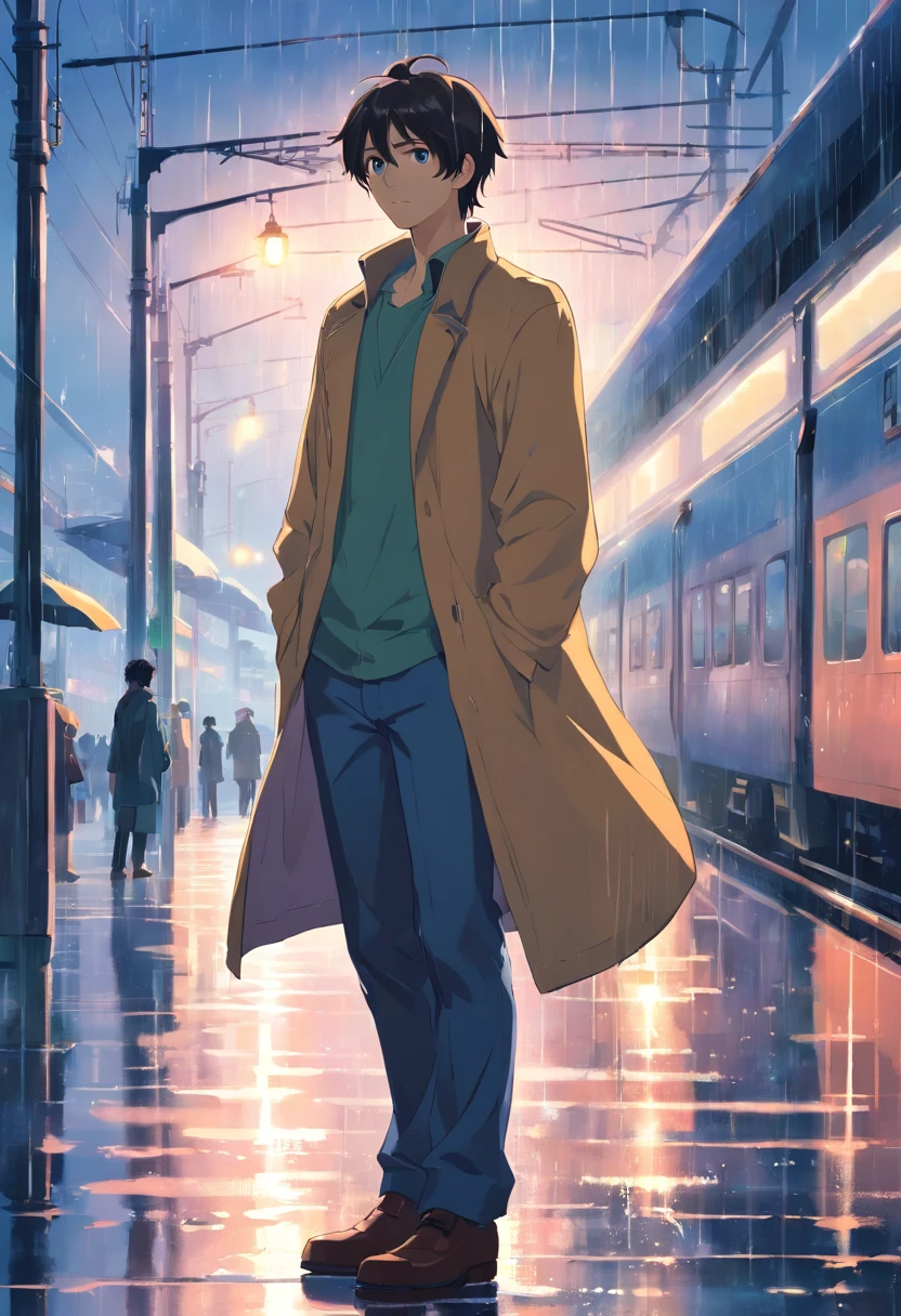 a man with light long hairs standing in the rain at the train station
