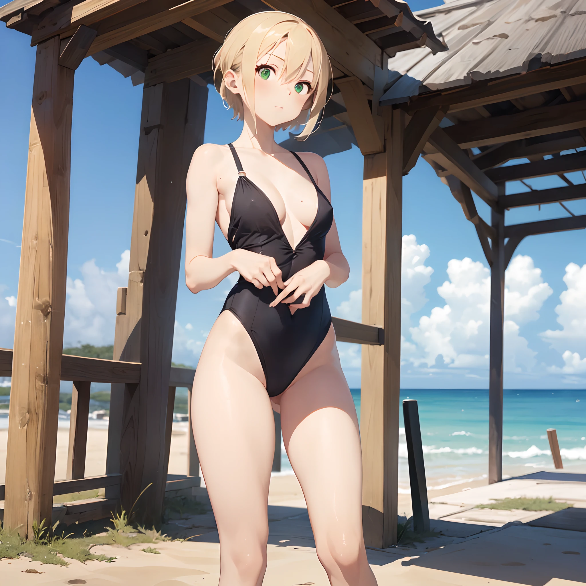 girl, (very young and very thin girl), extremely thin, anorexic, slender, ((walking alone)), ager, very short blonde hair, tomboy, green eyes, very white skin, ((very pale)), (breasts male), very small and straight breasts, ((flat breasts)), (pokies), ((extremely thin waist with incredibly thin hips)), (very thin legs), ((very thin thighs spread apart)), (one-piece swimsuit a sexy and extremely low-cut piece), walking on the beach