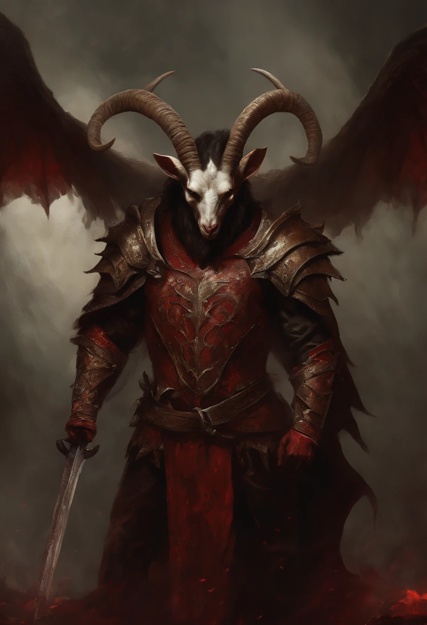 Goat-headed devil with big horns, strong and strong upper body, Devil's Skin, skins, ((toenails, Wings)), demon armor, Blood splatters, Skull on the ground, Stand in a blood ritual, Medieval, Dark room, Dim light, masutepiece, Realistic, Oil Painting