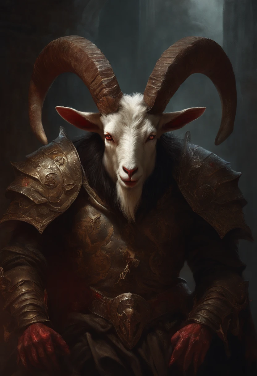 Goat-headed devil with big horns, strong and strong upper body, Devil's Skin, skins, ((toenails, Wings)), demon armor, Blood splatters, Skull on the ground, Stand in a blood ritual, Medieval, Dark room, Dim light, masutepiece, Realistic, Oil Painting