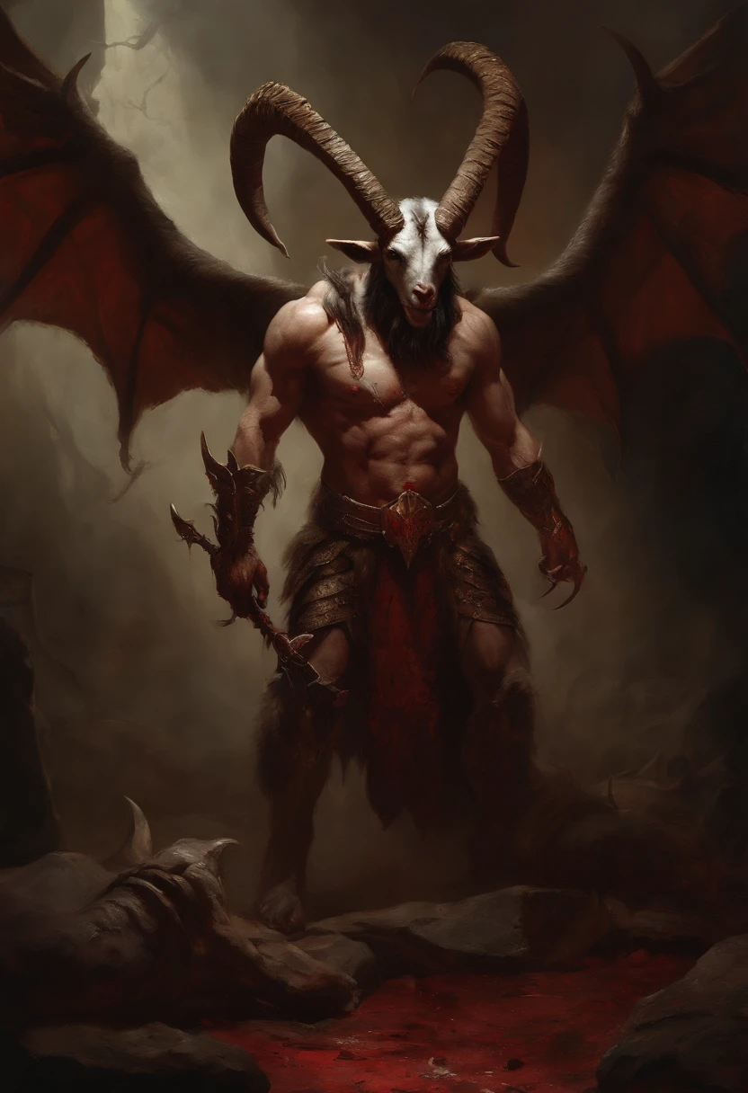 Goat-headed devil with big horns, strong and strong upper body, Devil's Skin, skins, ((toenails, Wings)), demon armor, Blood splatters, Skull on the ground, Stand in a blood ritual, Medieval, Dark room, Dim light, masutepiece, Realistic, Oil Painting