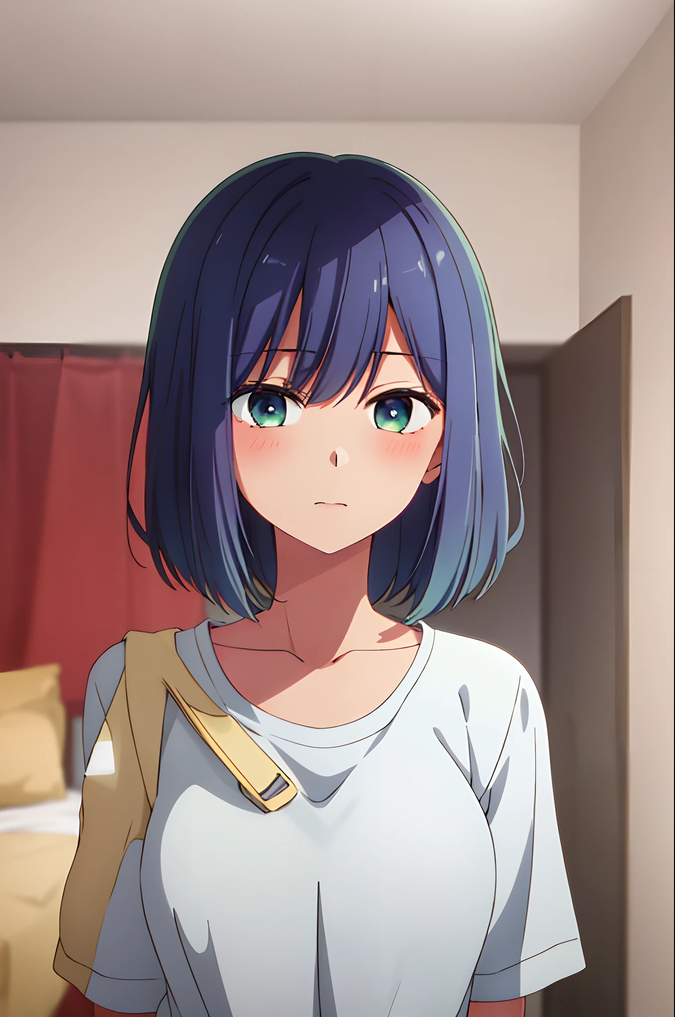 Kurokawa akane, solo girl, in bed, short hair, dark blue hair and  green eyes, light shirt and no bra, anime visual of a cute girl, screenshot from the anime film, & her expression is solemn, in the anime film, in an anime, anime visual of a young woman, she has a cute expressive face, still from anime, big breast, red cheek, lustful face, fair skin