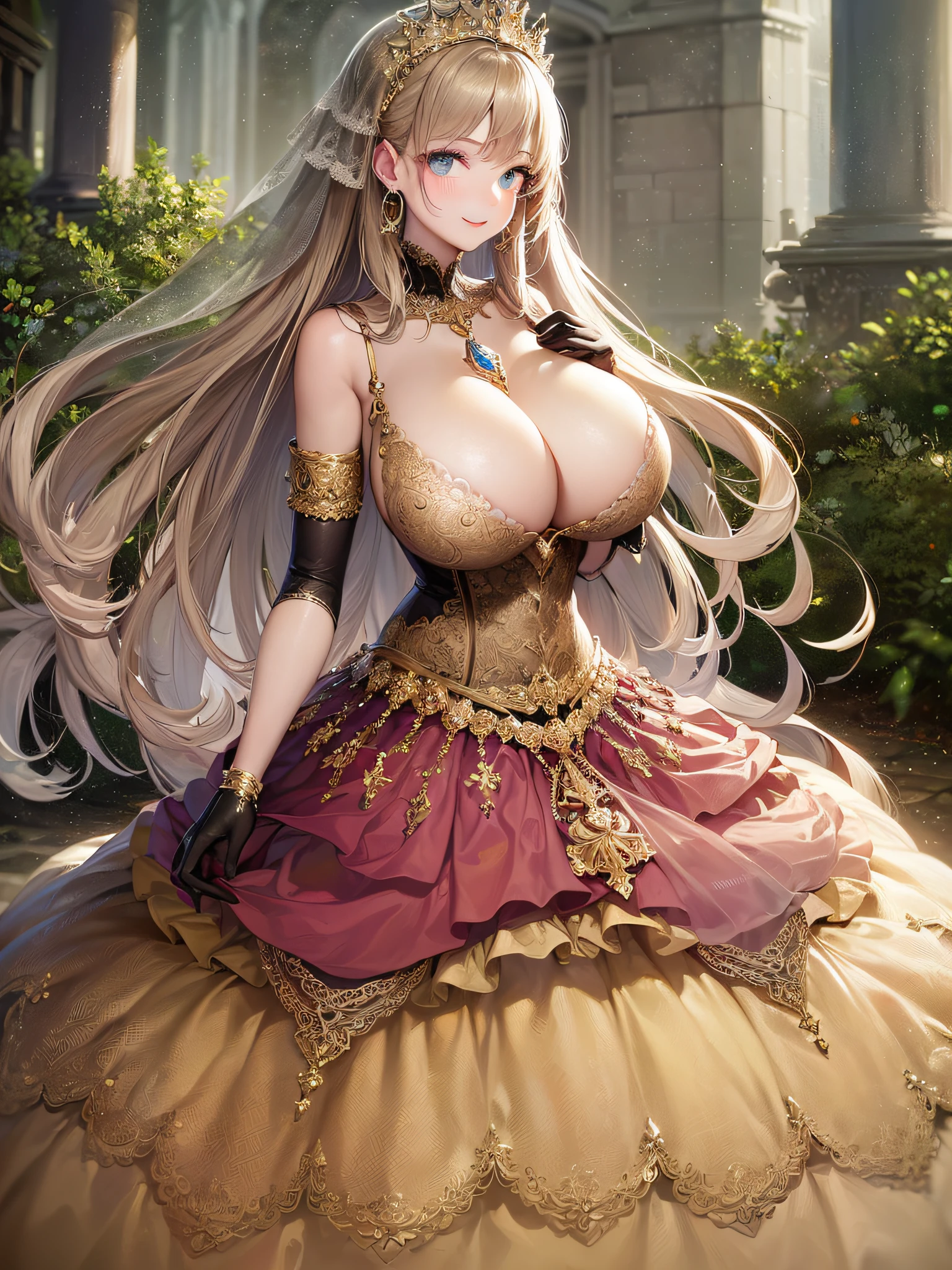((anime artstyle)),(Masterpiece),(Best Quality), (Super Detail),(Highly Detailed CG Unity 8k wallpaper),((Very Delicate and Beautiful)),cinematic lighting,1 girl,((full body portrait)),((standing in garden)),((solo)),(((1 fairytale princess in gorgeous embroidery and jeweled extremely gorgeous rococo princess ballgown with voluminous full length hoop skirt))),an hourglass waist,padded and corseted bodice,(((huge crinoline hoopskirt))),long train,((gorgeous embroidery and jeweled)),voluminous frills,See-through,(((extremely gigantic tits,skindentation))),cleavage,((absurdly Long Straight Hair,extremely voluminous Straight long Hair,absurdly Long Straight Hair)),(finely detailed face and eyes),(Blush,Smile),clear pupil,extremely gorgeousfull hair ornament,(bling-bling jeweled extremely gorgeousfull tiara),((bling-bling gorgeous gemstone jewelry)),gorgeous long veil,((ultra long gloves)),(beautiful background),(full body),((gorgeous embroidery and jeweled extremely gorgeous rococo princess ballgown with voluminous full length hoop skirt))