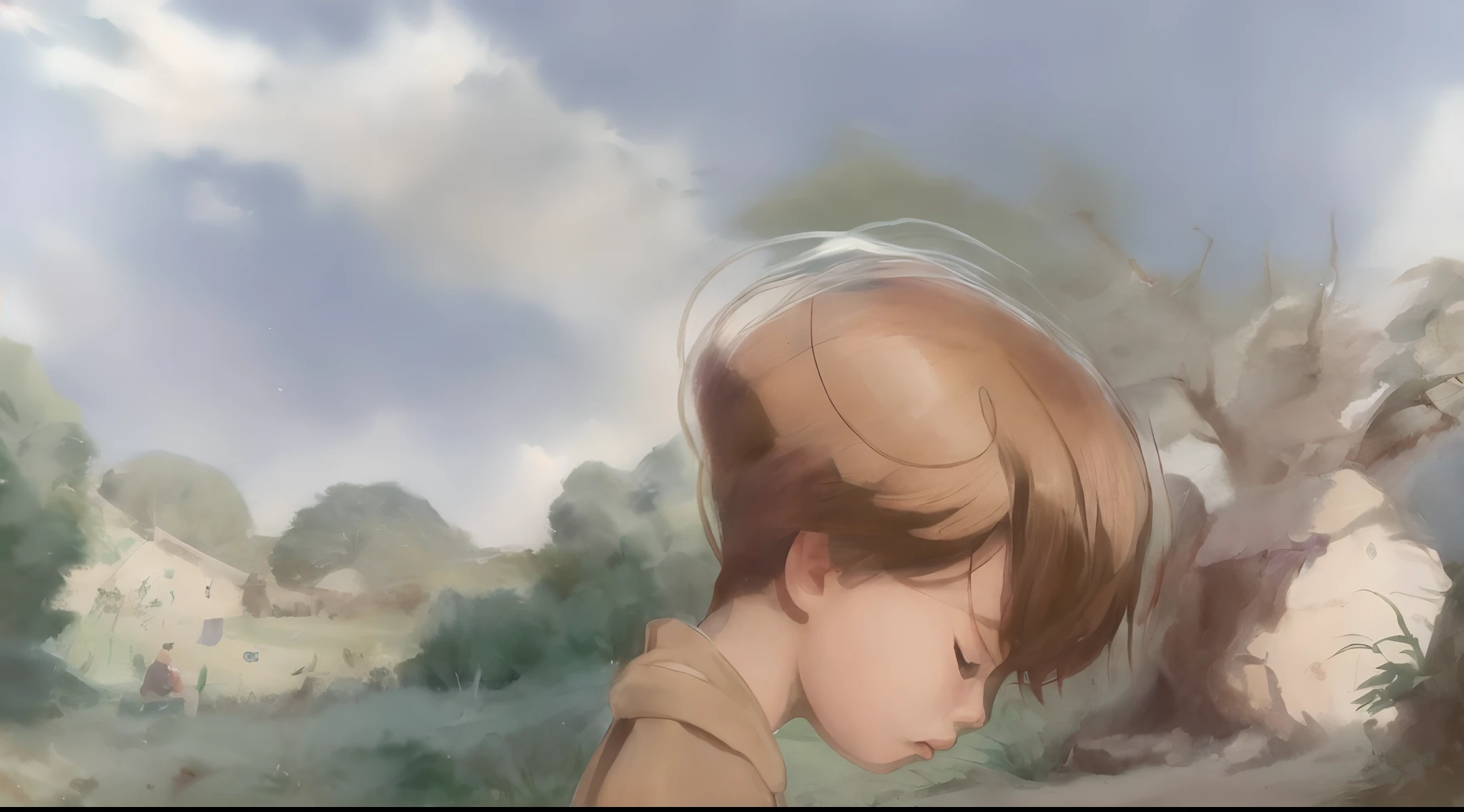 Menino de anime com cabelos loiros e olhos castanhos olhando para baixo em um campo coberto de neve, inspirado em Goro Fujita, animation movie still, arte conceitual do menino solteiro, Loish e Goro Fujita, animation movie still, animation still screencap, animado ainda, animated film, arte conceitual emocional, um menino feito de ouro