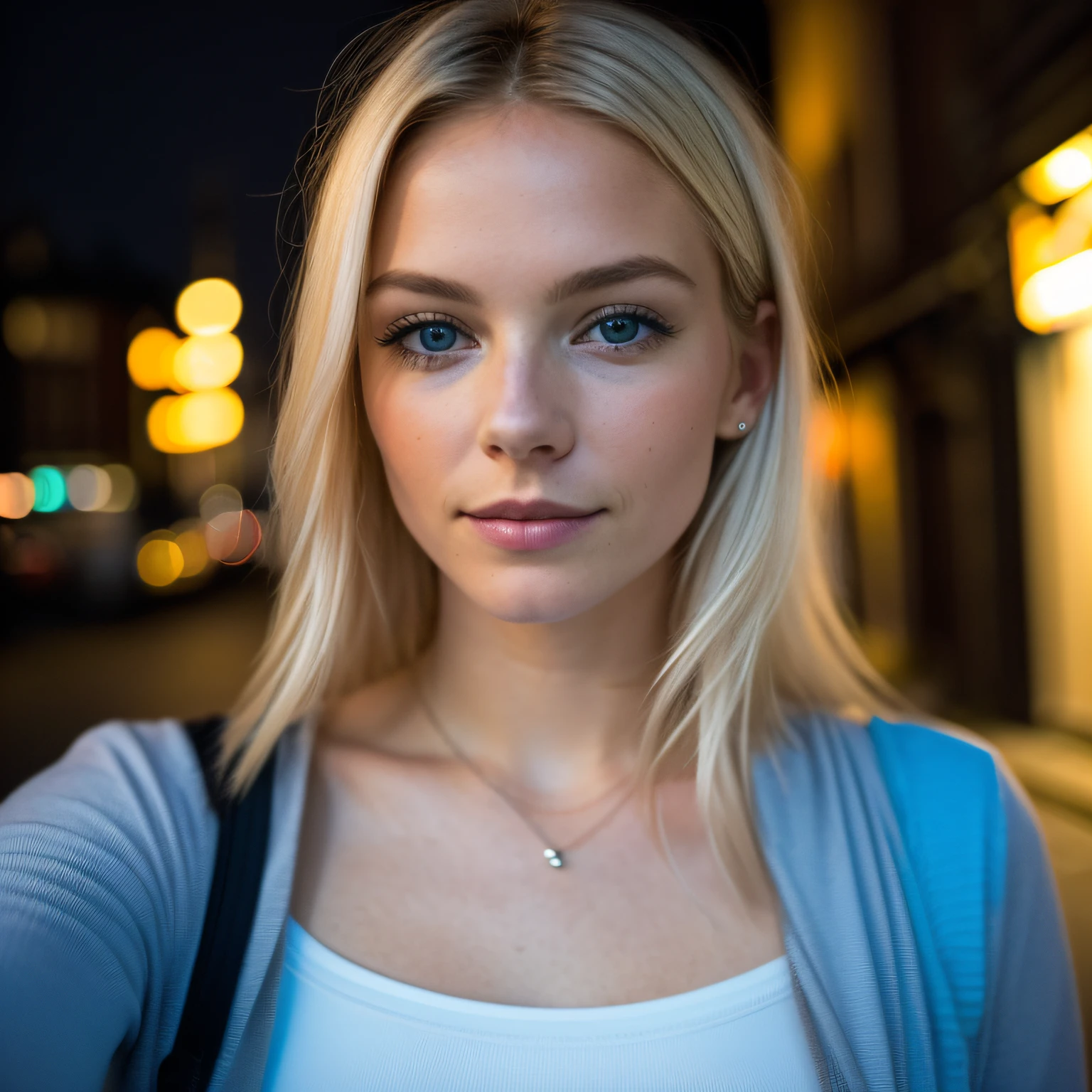 (Selfie, Plan: 1.4), (Right half of the body: 1.4), RAW UHD portrait photo of a 24-year-old blonde (Femme aux yeux bleus) Marcher dans une ruelle sombre, seins moyens,, City after day, (rocher), (Encolure), specifics (Tissu! , Cheveux! , Briller, Couleur!! , disadvantages: 1.1), Bright eyes with a high level of detail (staring into the camera), SLR lighting, Appareil photo reflex mono-objectif, ultra quality, re sharpness, profondeur de champ, Filmkorn (Milieu), Fujifilm XT3, Limpide, Rahmenmitte, beau visage, mise au point nette, street lamp, Neonbeleuchtung, Bokeh (dimly lit), Nuit, (Ciel nocturne), Detailed skin pores, peau grasse, Coup de soleil, Complex eyesDetails, corps entier entier, gros seins