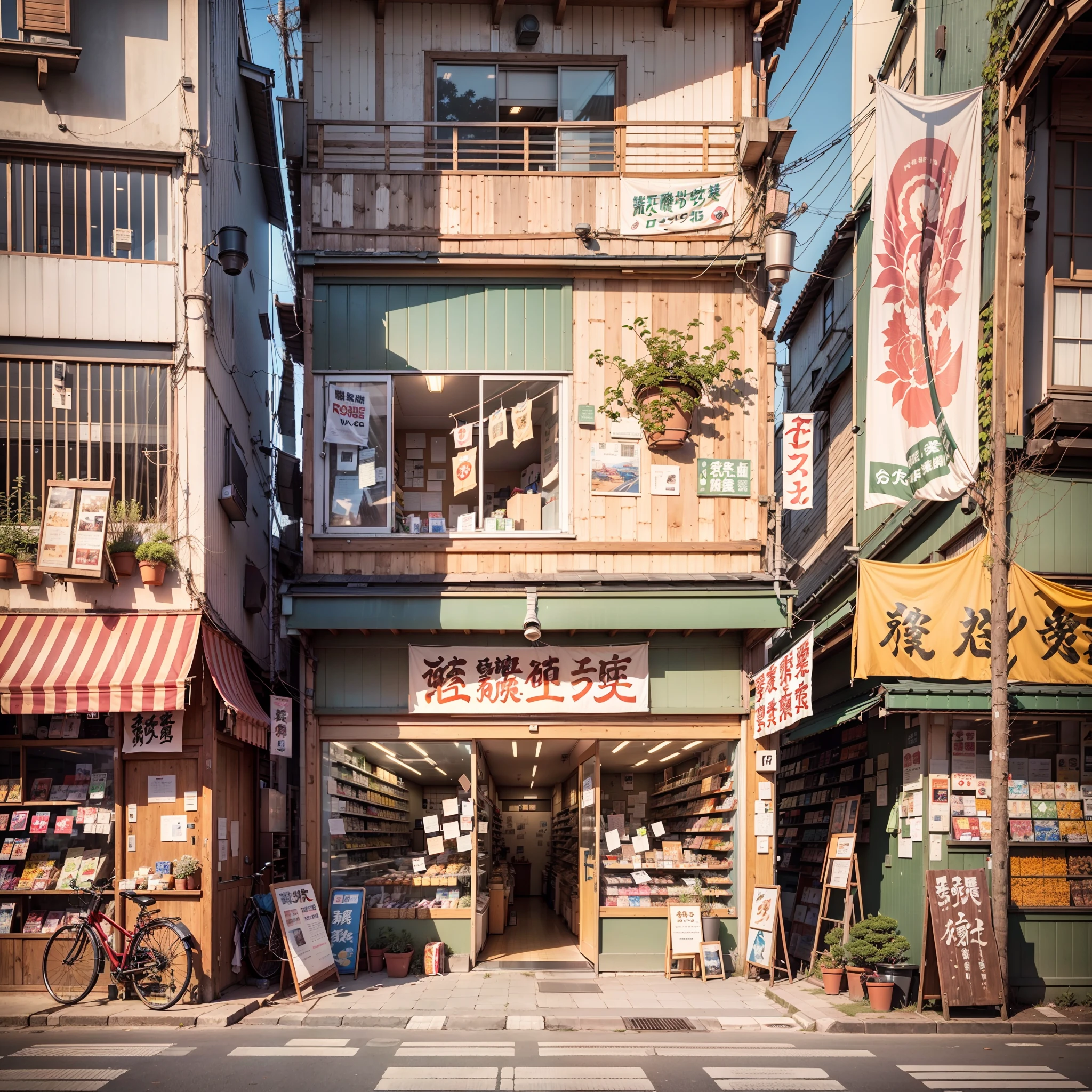 anime background, anime wallpaper, anime, anime style, lofi, lofi style, modern japanese street, modern japanese architecture, japanese convenience store, big retro japanese shop signs, retro japanese store, trees, plants, rocks, plant pots, shop signs, japanese banners, japanese signs, flags, sunrise, golden hour, golden lighting, empty street, no one in sight, (no one: 1), best quality, rural tokyo