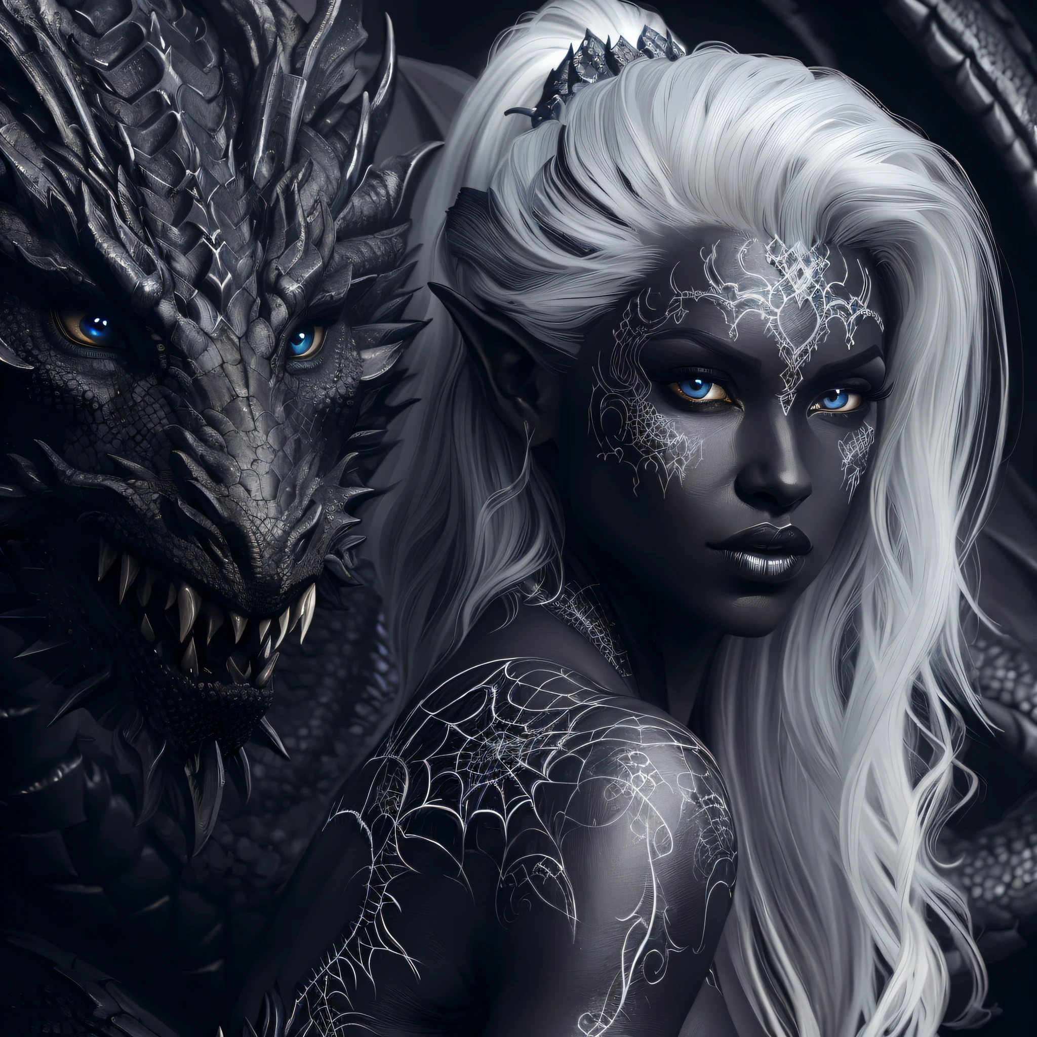 a close up of a dark obsidian coal black skin drow woman with a dragon on her shoulder, silver hair and eyebrows, silver eyes, dark fantasy mixed with realism, detailed matte fantasy portrait, queen of dragons, hyperrealistic fantasy art, in style of dark fantasy art, dark but detailed digital art, fantasy dark art, amazing fantasy art, realistic fantasy artwork, the dragon girl portrait, hyperdetailed fantasy character, dark fantasy art