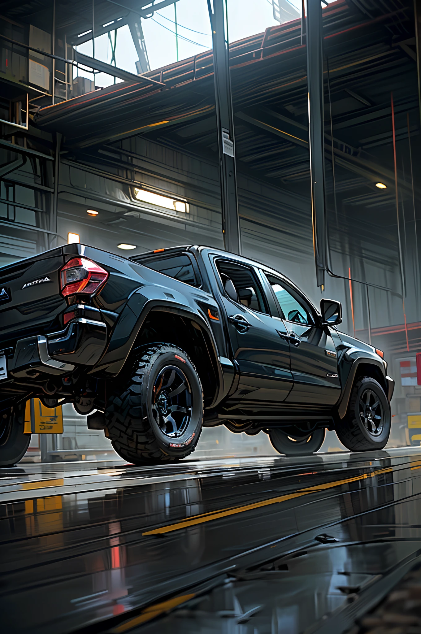 A completely blacked out Toyota Tacoma with tented windows and a southern country background