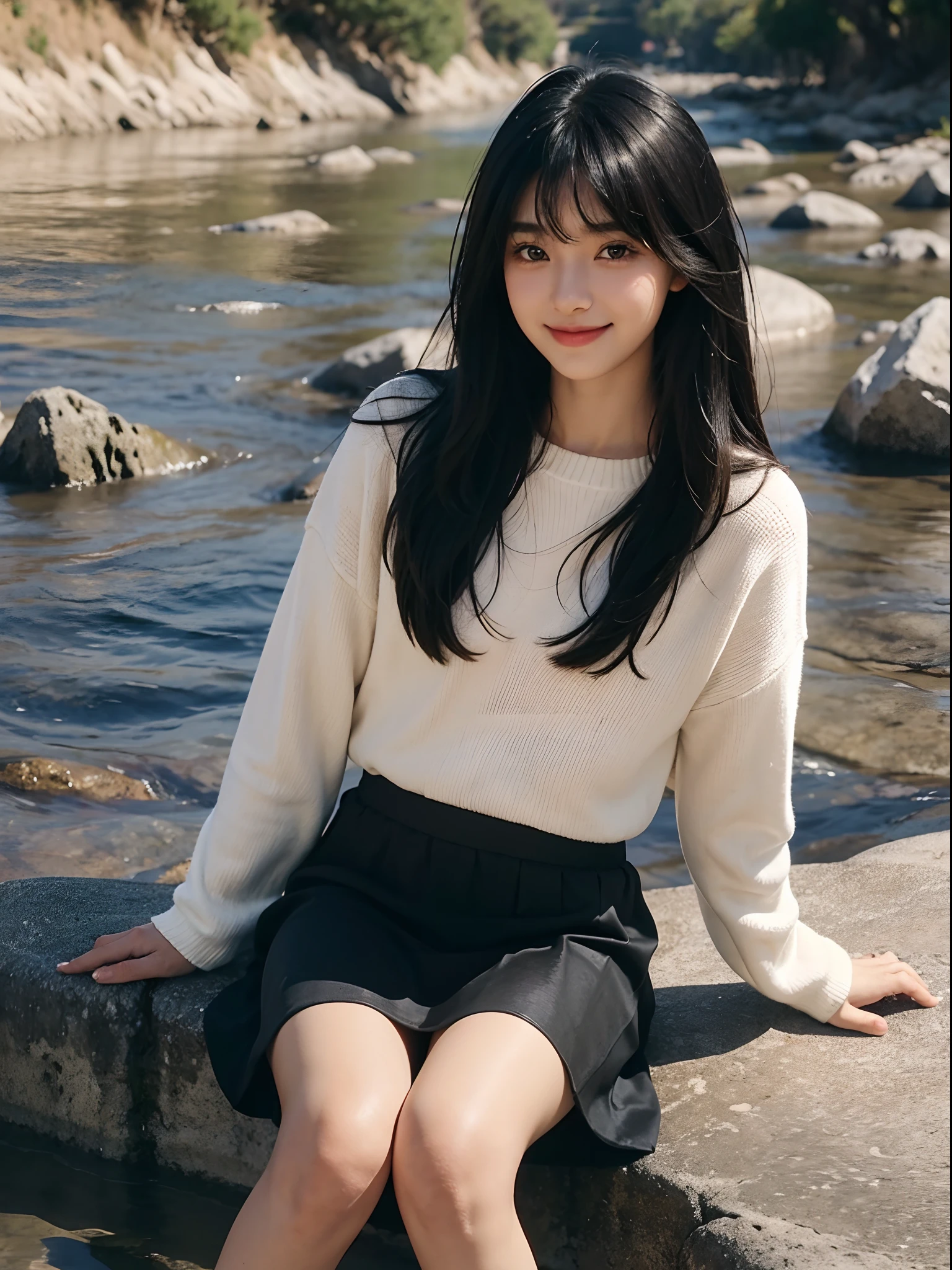 girl with１a person、１６Year old girl、cute  face、Coquettish smile、a small nose、Lustrous lips、tthin eyebrows、Pretty eyes、Very long black hair、Silky long straight hair、Beautiful bangs、Delicate figure、Sweaters、long-sleeve、long  skirt、pleatedskirt、espadrilles、dry river bed