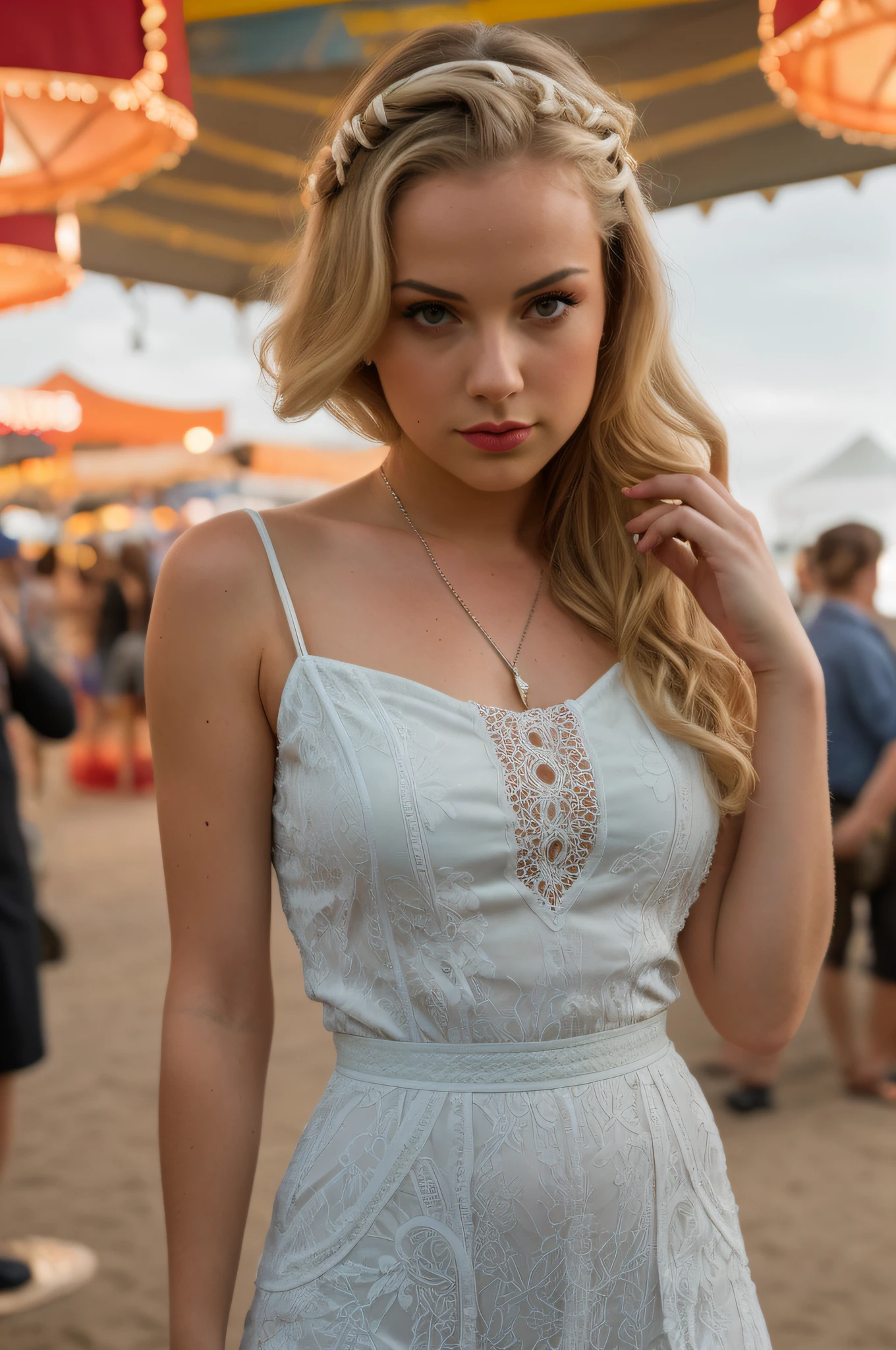 razor sharp focus,  intricate detail, a beautiful woman, at a 1930s carnival, 1930s vacation, 1930s hairstyle and clothes, blonde hair (cinematic lighting:1.1), photographed on a Fujifilm X-H2S, 90mm F/8 Macro Lens, with expired Kodak VISION3 500T color negative film, 8k, (full body:1.0)