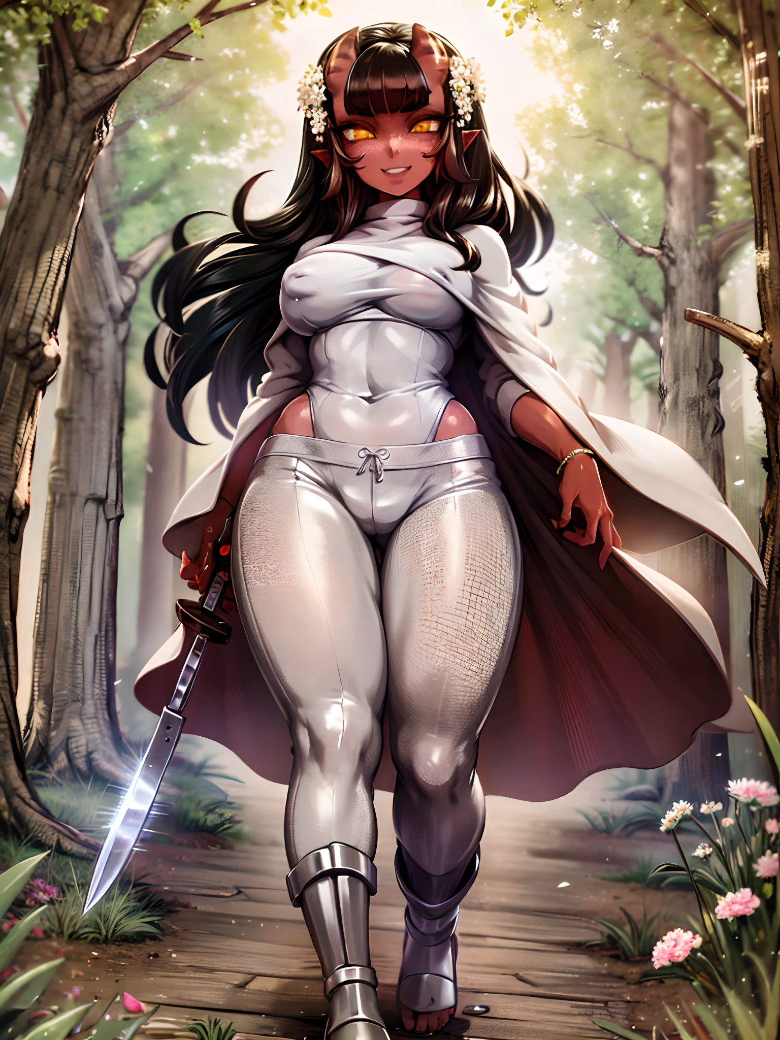 a beautiful and detailed image of meru , merunyaa,(red skin:1.3), horns,clothed,(freckles), flowing white dress,backlighting, field of flowers, holding flower, flower hair accessory, yellow eyes,smile, clouds,in front, alone, pants, medium breast,, knife holding, cloak, cape, walking, pants, solo, flip flops boots, full body, big breast, pullover, forest, tree