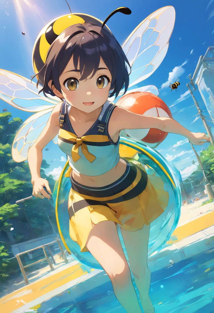 "Generate ultra-high-definition images of a bee with big eyes, cartoon style, who holds a pool buoy around his waist. Elle est en pleine nature et se balade.